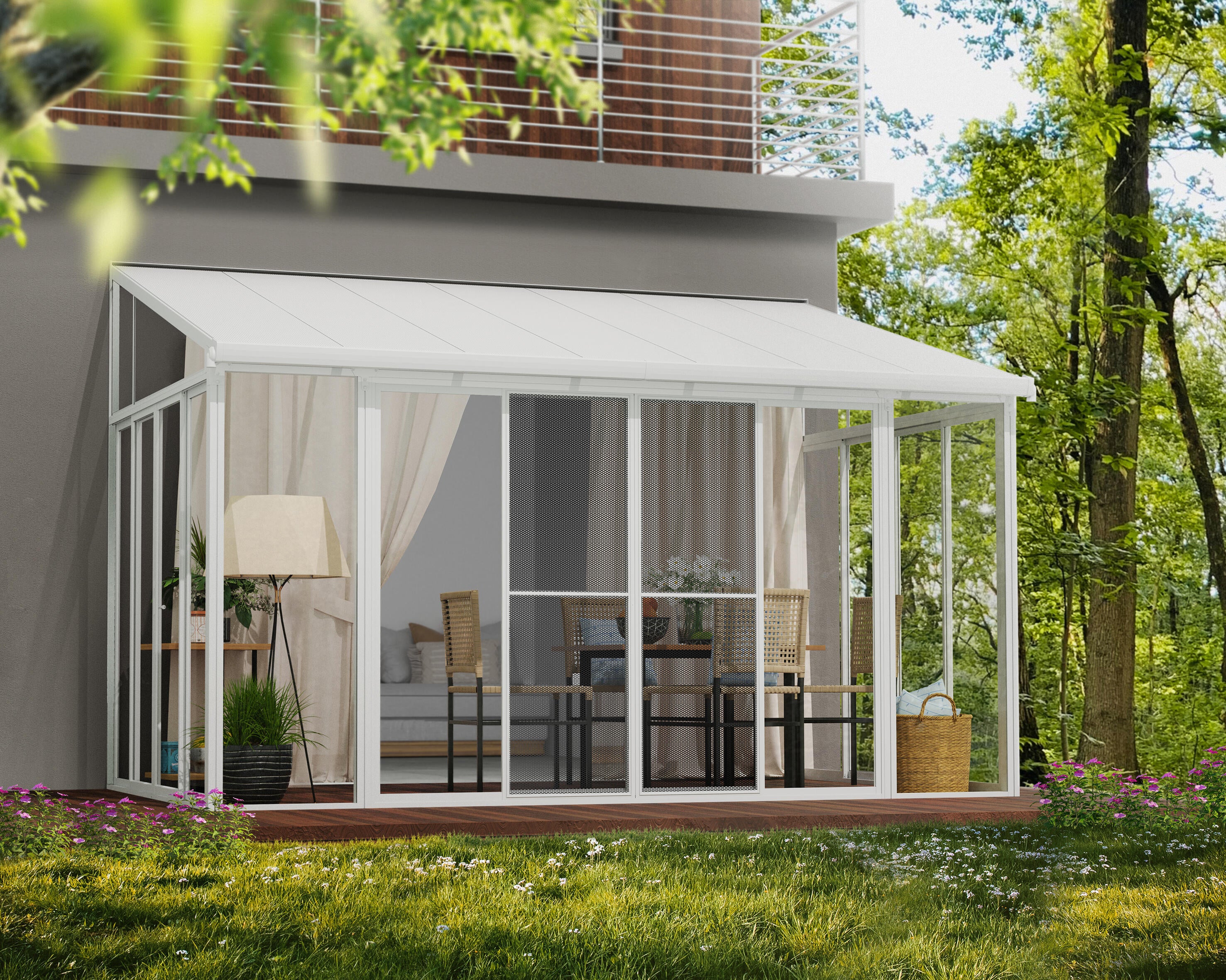 Pérgola de aluminio sanremo blanco de 277x425x212/310 cm con vidriado