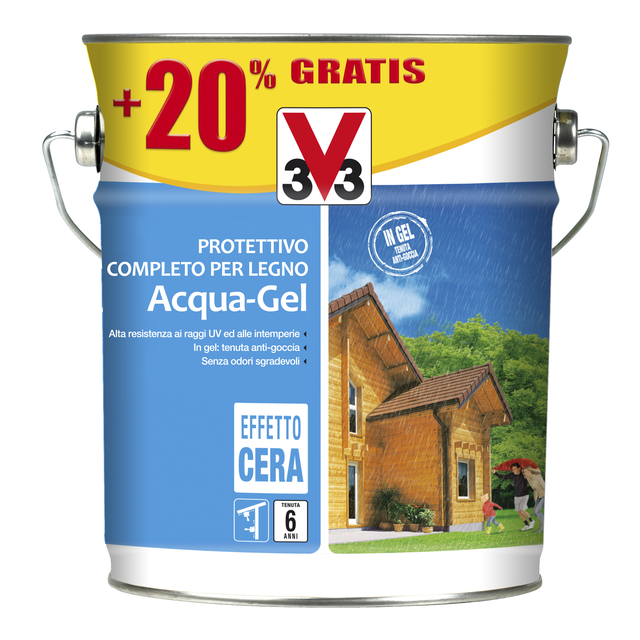 Impregnante per legno da esterno a base acqua V33 Acqua-Gel bianco satinato 3 lt, 6 anni di protezione.