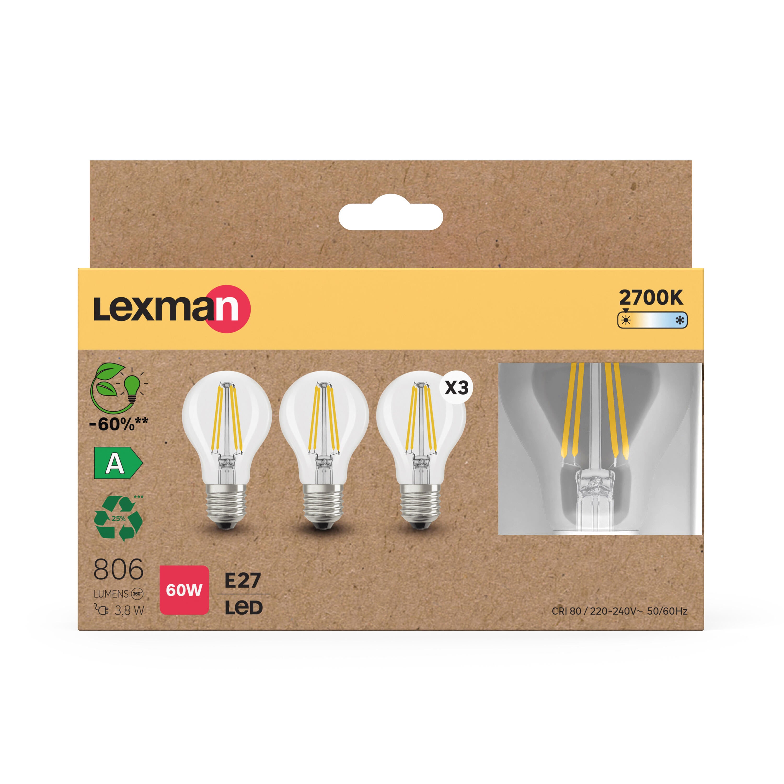 Pack de 3 bombillas LED E27 filamento clase A (mayor ahorro energético) forma estándar 806 lúmenes 3.8W color de la luz blanco cálido 2700K CRI 89-80 luz natural y fiel - 4