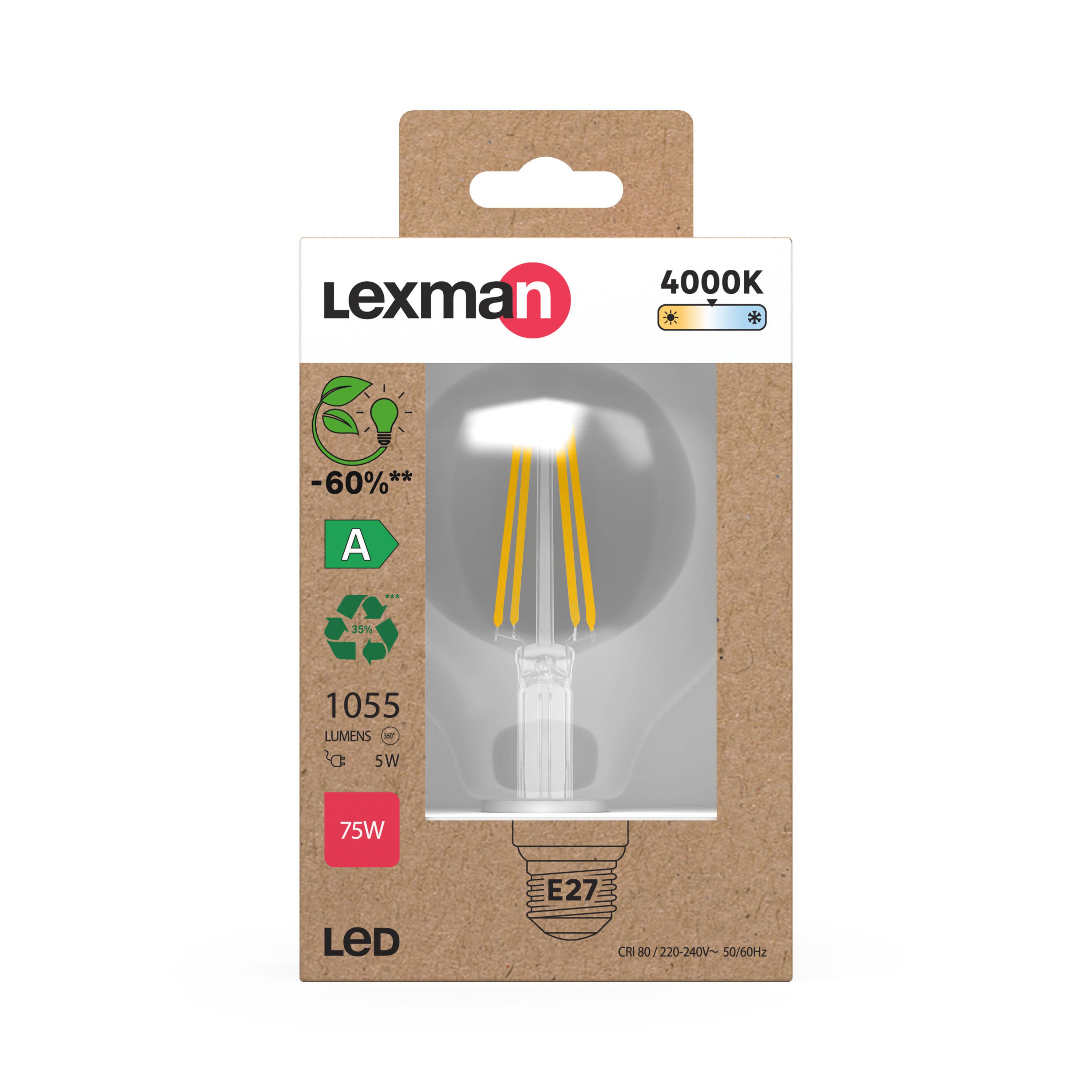 Bombilla LED E27 filamento clase A (mayor ahorro energético) forma globo 1055 lúmenes 5W color de la luz blanco neutro 4000K CRI 89-80 luz natural y fiel - 4