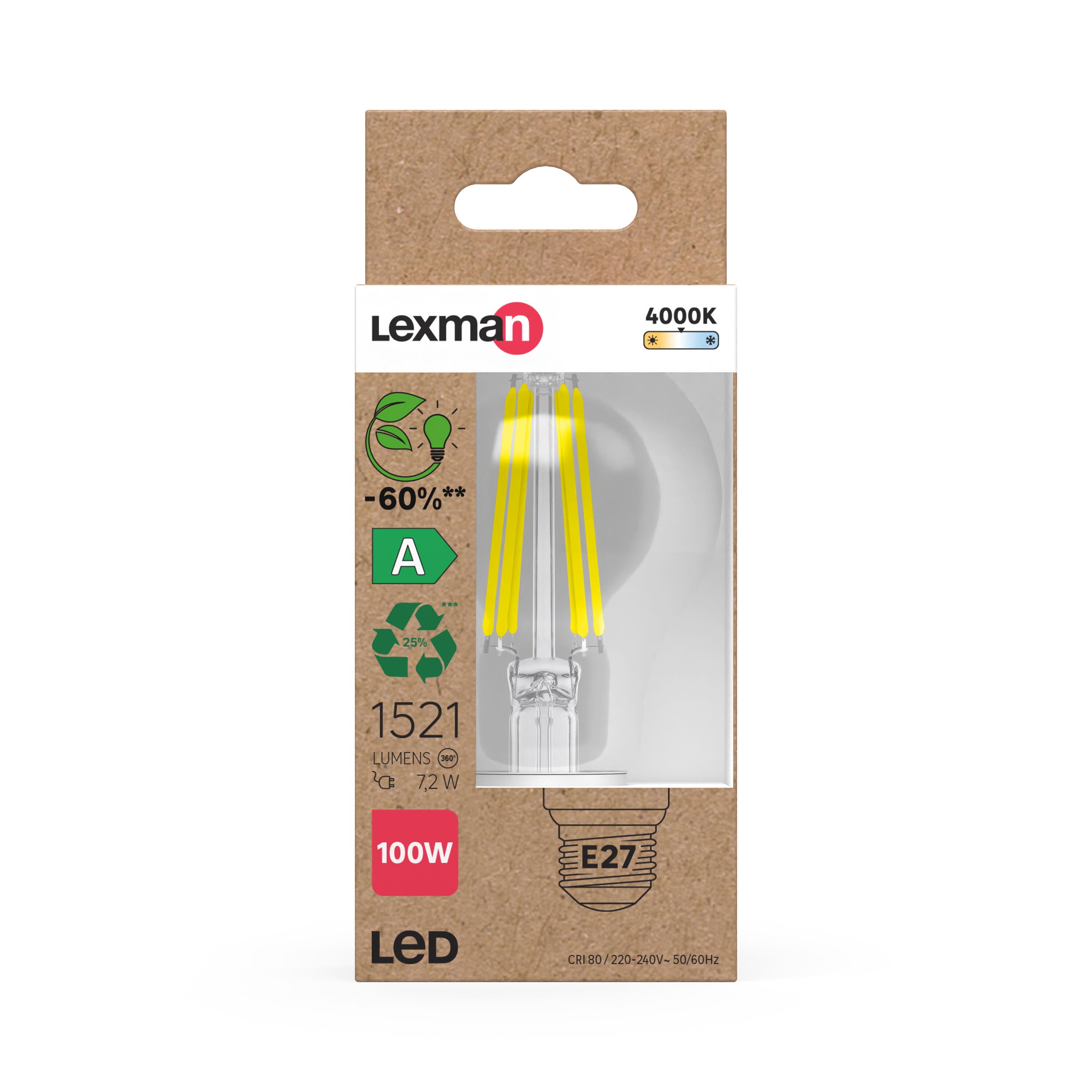 Bombilla LED E27 filamento clase A (mayor ahorro energético)  forma estándar 1521 lúmenes 7.2W color de la luz blanco neutro 4000K CRI 89-80 luz natural y fiel - 3