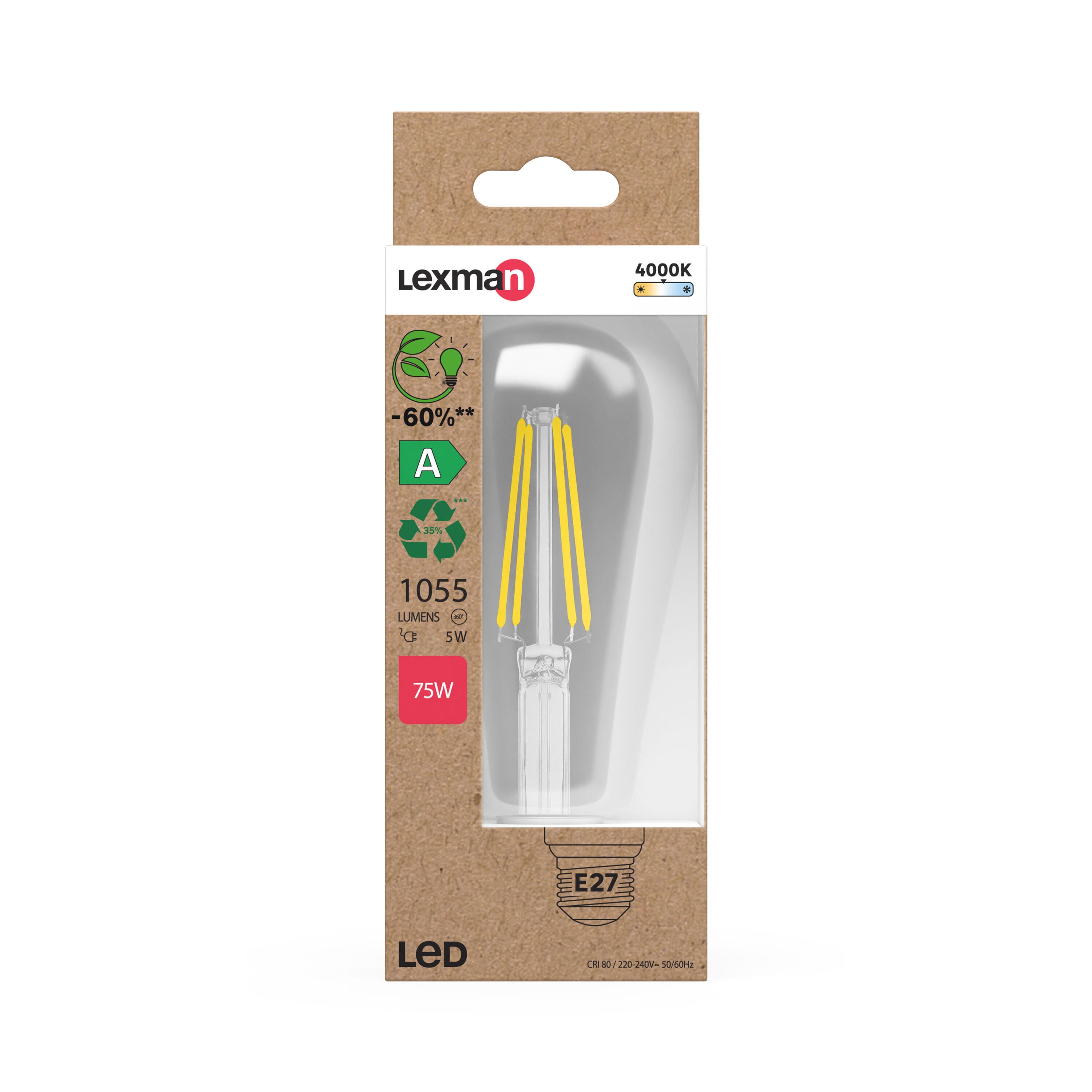 Bombilla LED E27 filamento clase A (mayor ahorro energético)  Edison 1055 lúmenes 5W color de la luz blanco neutro 4000K CRI 89-80 luz natural y fiel - 3