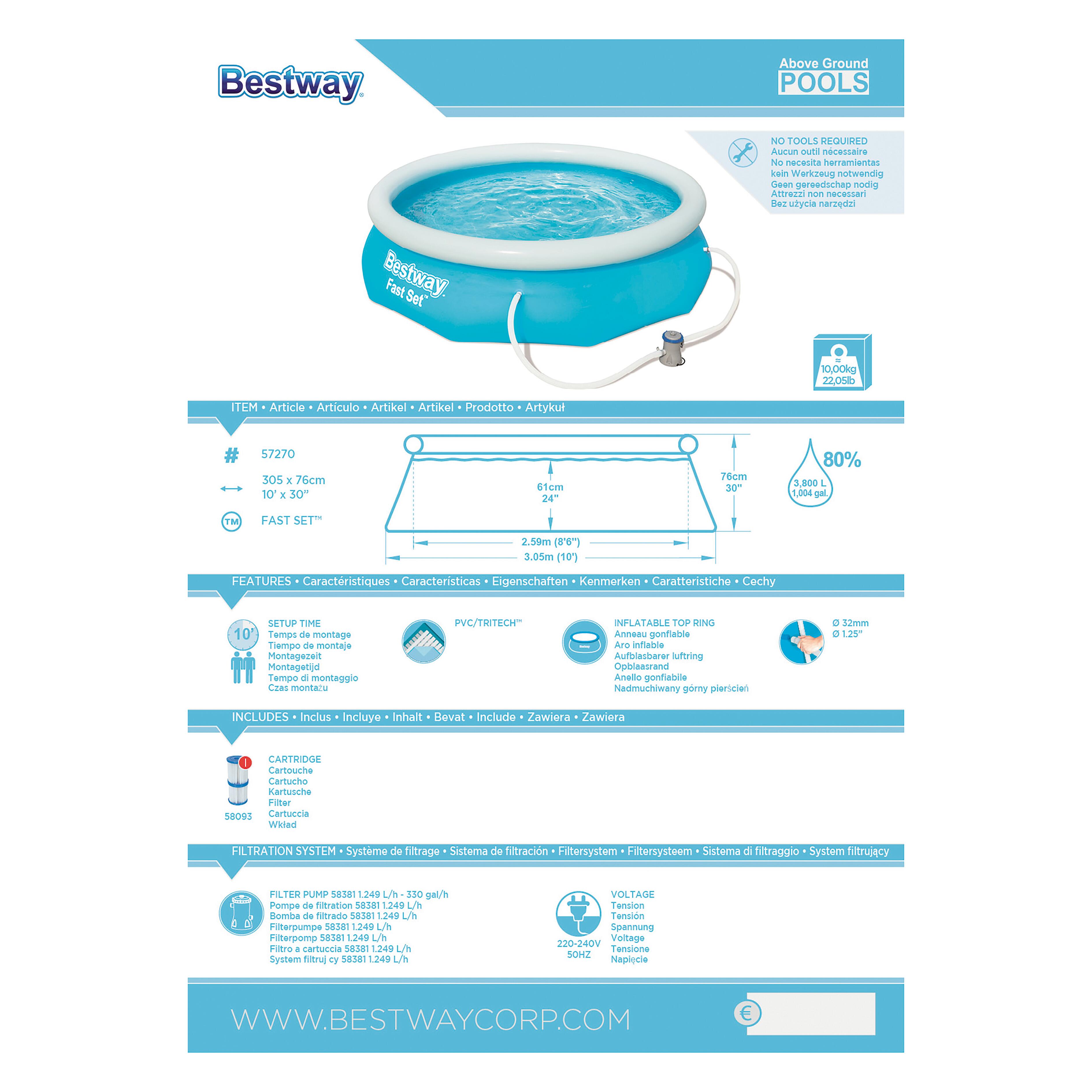 Piscina hinchable de PVC redonda de ø3,05x0.76 m con depuradora de cartucho BESTWAY - 3