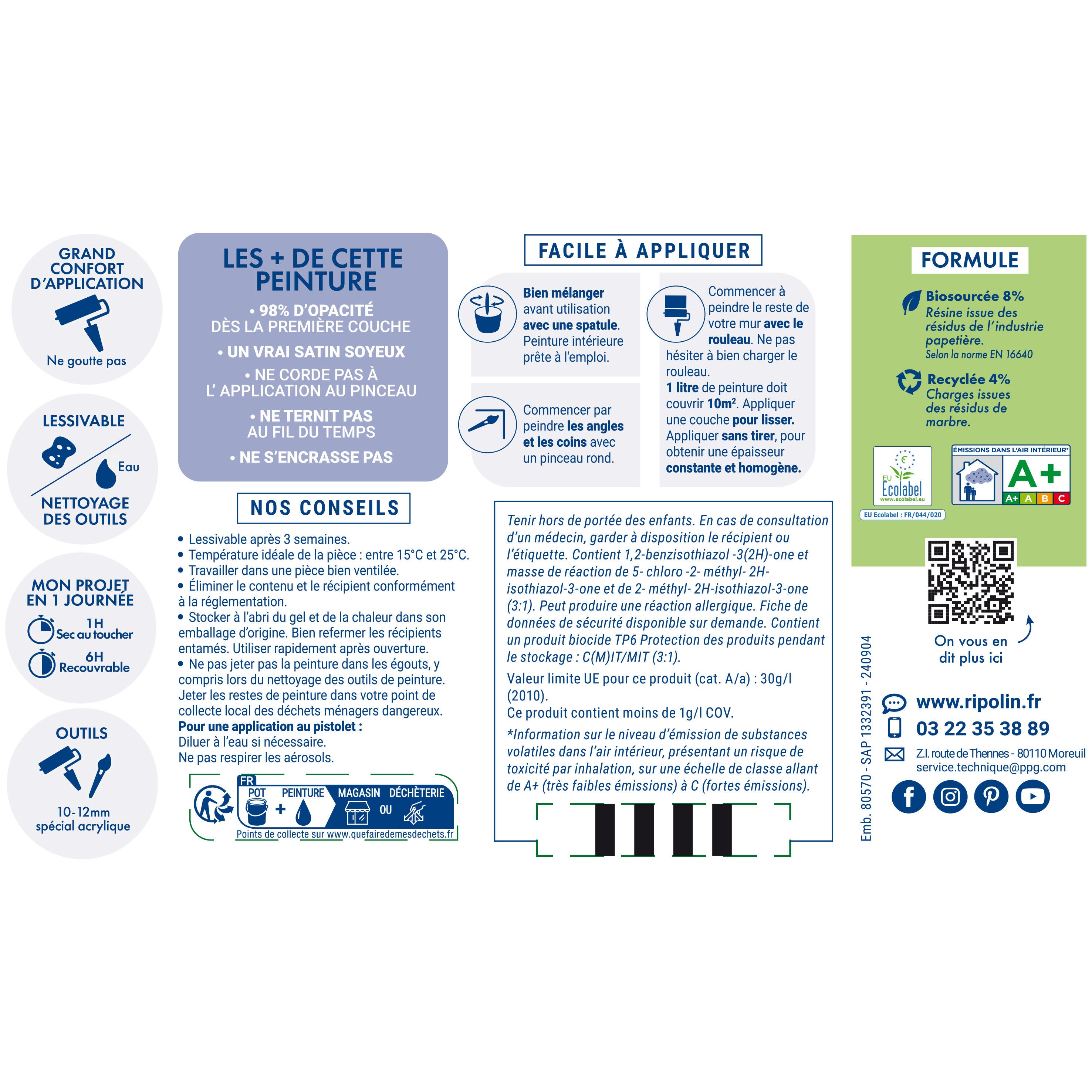 Peinture mur, boiserie, radiateur blanc satin RIPOLIN , 0.5L - 6