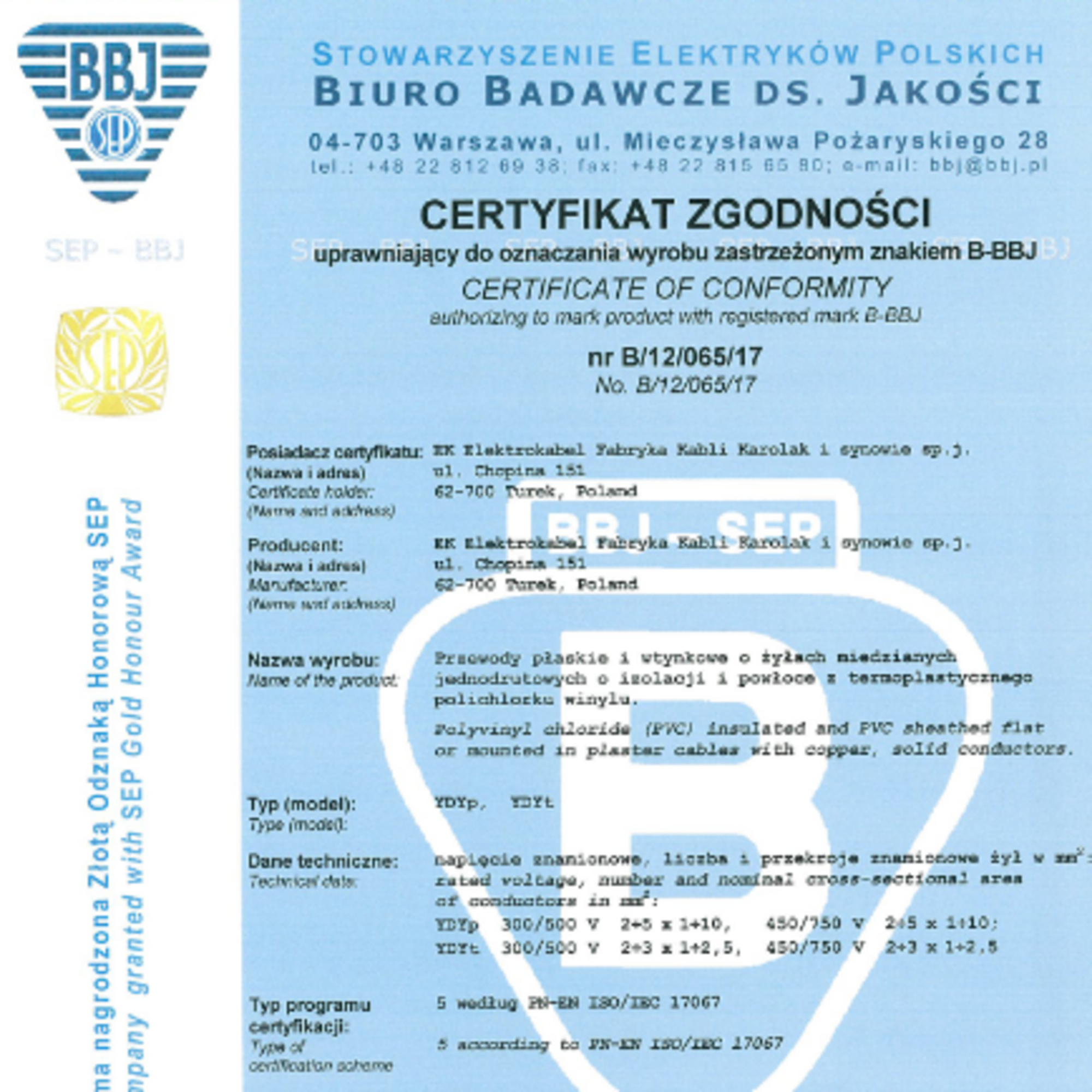 Certyfikat zgodności BBJ SEP dla przewodów YDYP produkcji ELEKTROKABEL.