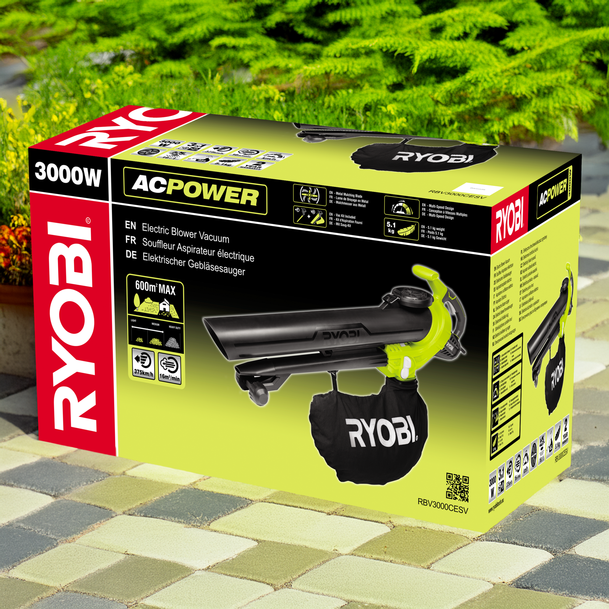 Opakowanie Ryobi 3000W z dużym zdjęciem urządzenia i torby na liście.