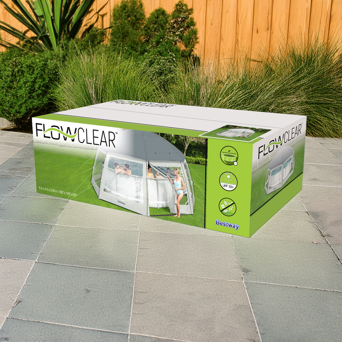 Opakowanie produktu Bestway Flowclear z ilustracją pawilonu / namiotu do basenów o wymiarach 600x600x295 cm, ustawione na brukowanym tarasie, z widocznymi grafikami prezentującymi namiot rozstawiony na trawie i ikonami informującymi o cechach produktu.