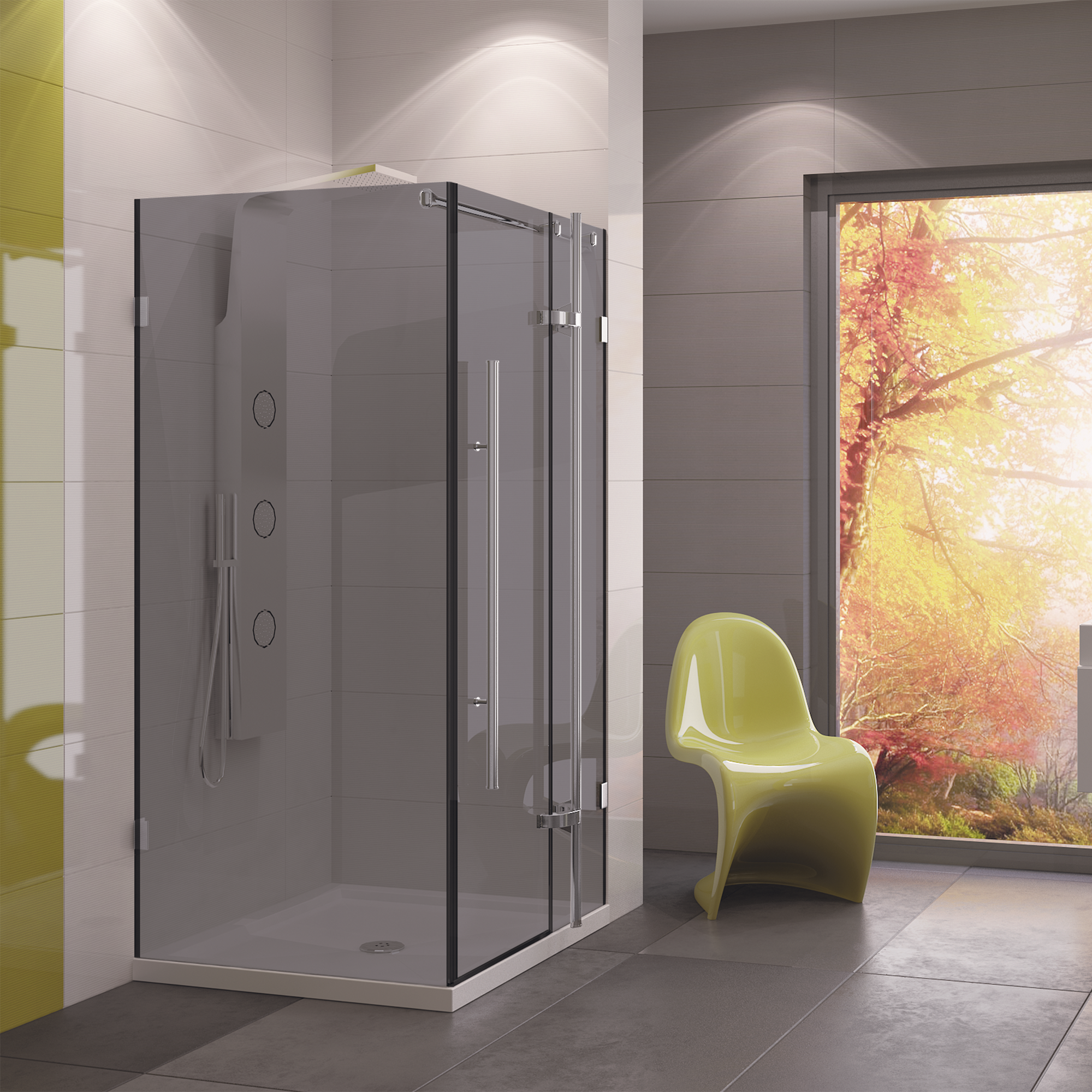 Kabina prysznicowa 90 x 90 cm Wellneo Ferra w nowoczesnej łazience.