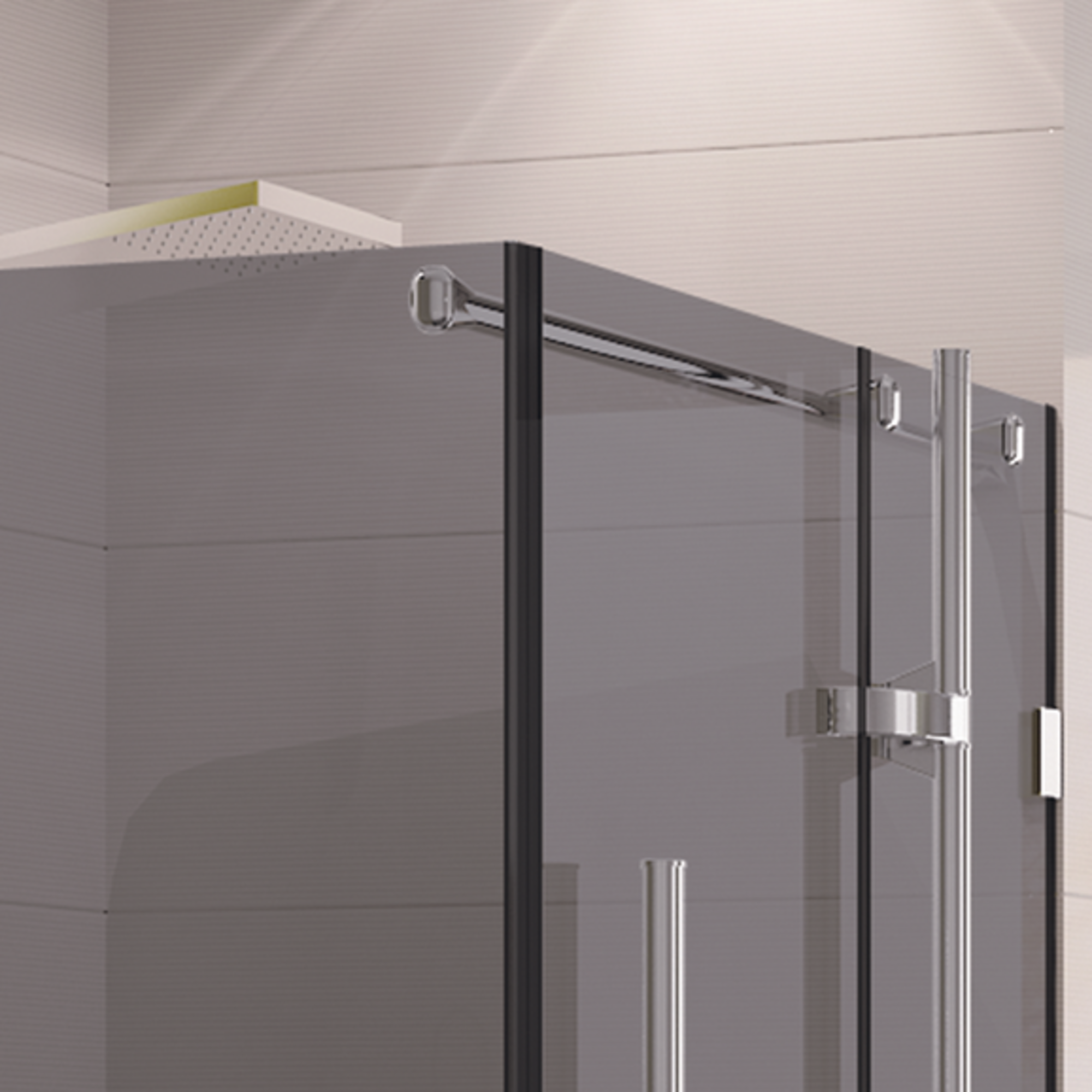 Fragment kabiny prysznicowej 90 x 90 cm Wellneo Ferra z chromowanymi detalami.