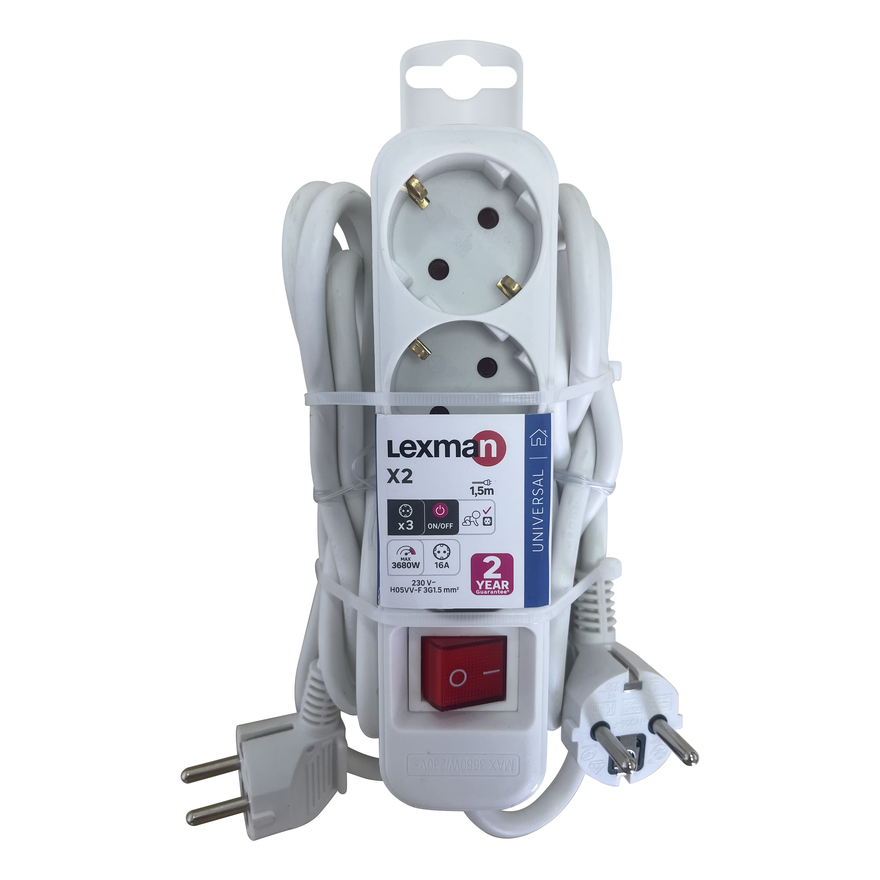 Pack 2 blocos de tomada LEXMAN c/interruptor 3 tomadas 3G1.5 1,5metros branco - 3