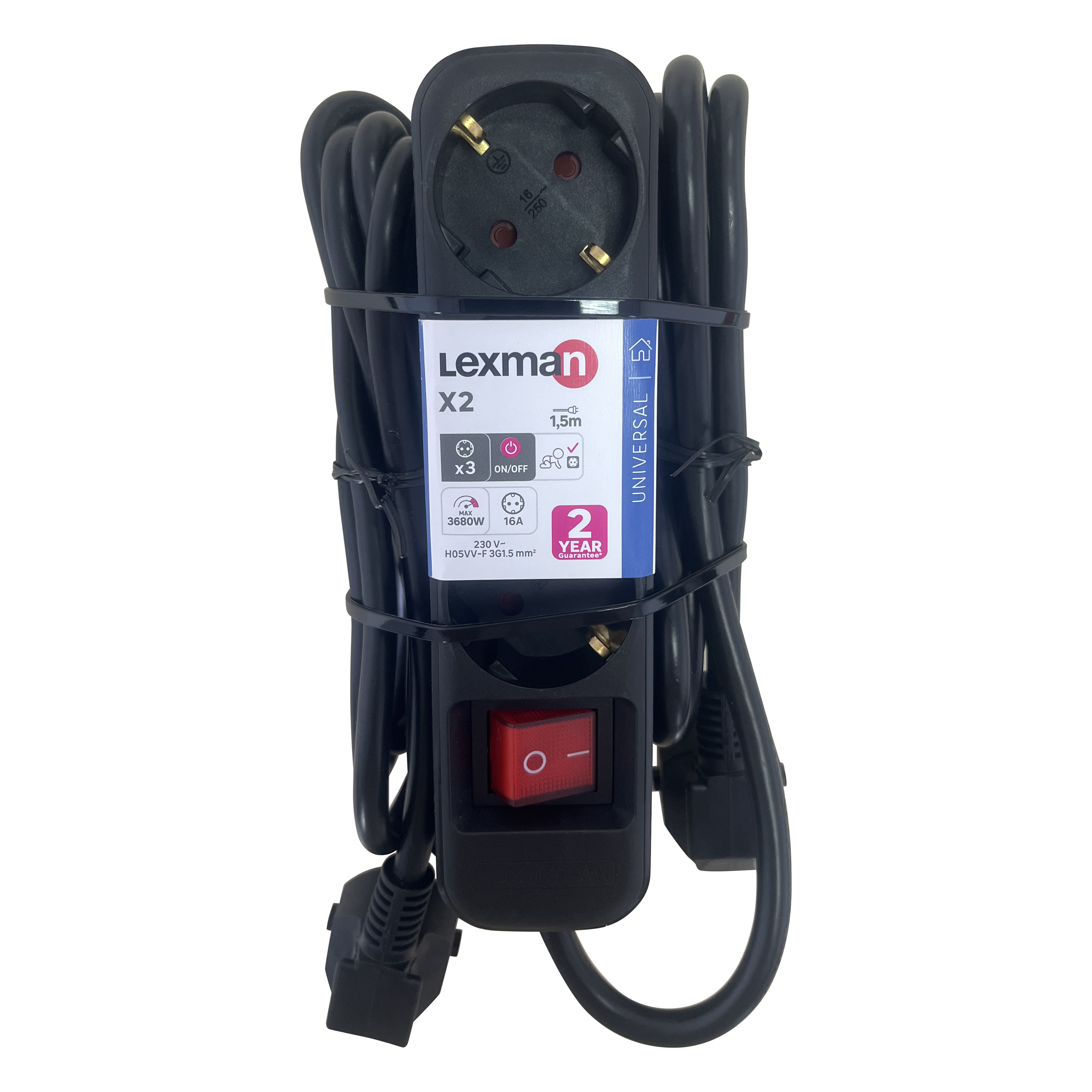 Pack 2 blocos de tomada LEXMAN c/interruptor 3 tomadas 3G1.5 1,5metros preto - 5