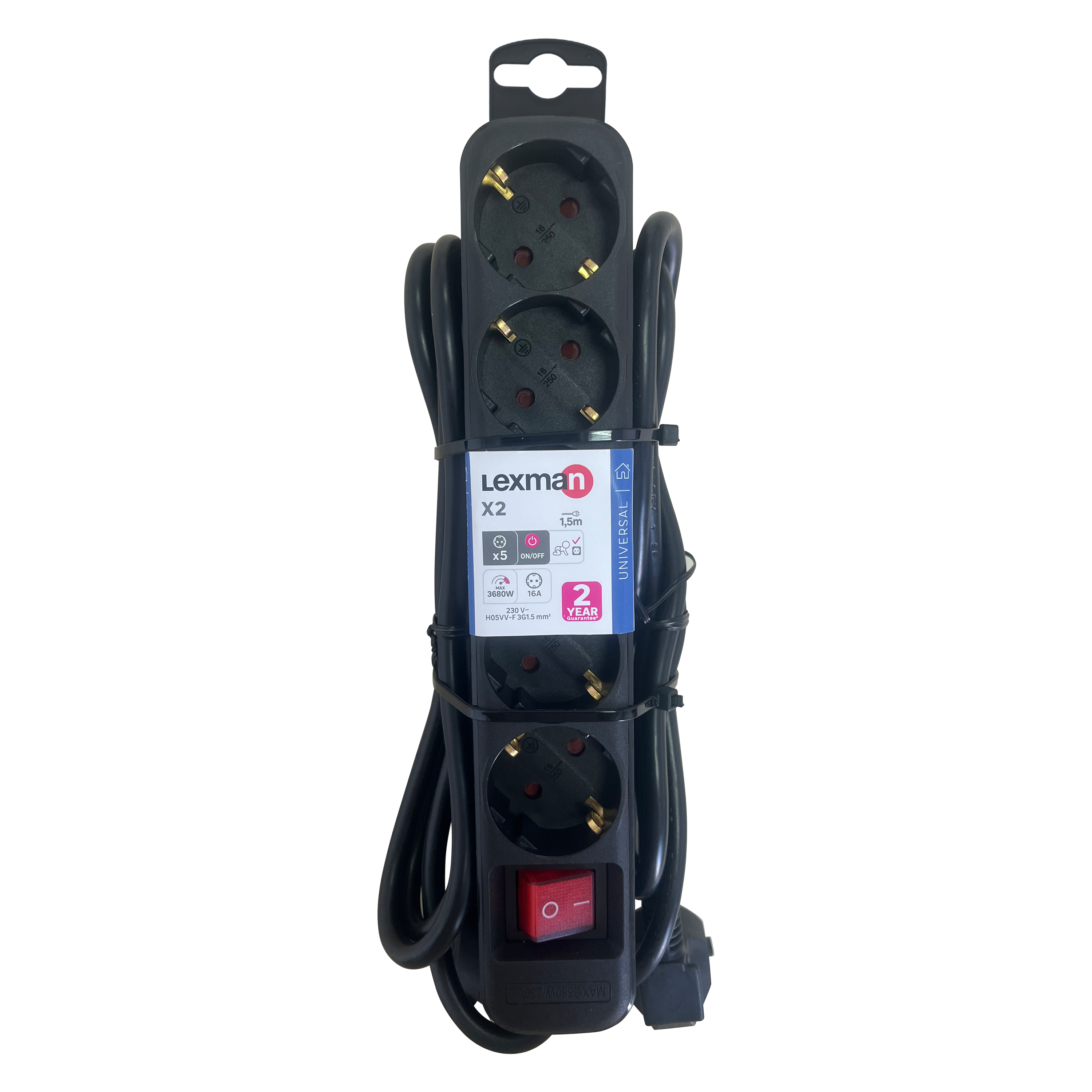 Pack 2 blocos de tomada LEXMAN c/interruptor 5 tomadas 3G1.5 1,5metros preto - 4