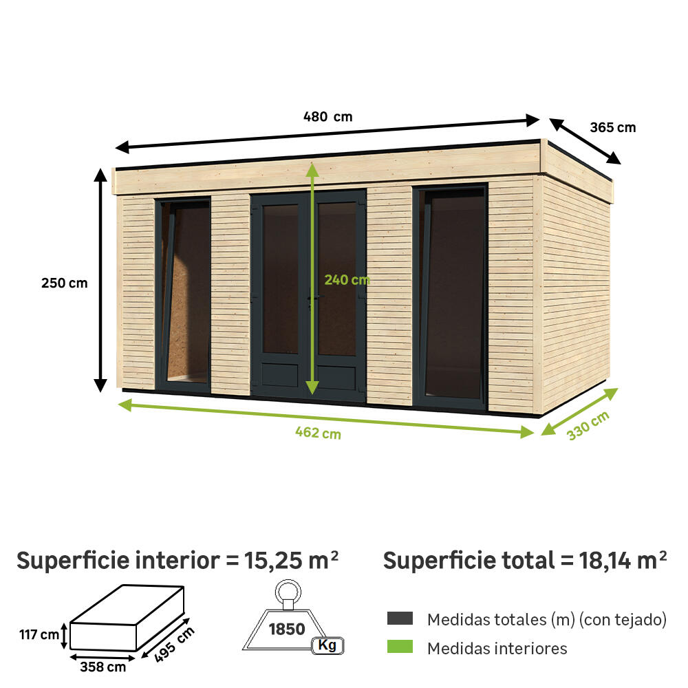Caseta de madera Eco Lodge 15m2 de 480x250x365 cm y 18.14 m2 con 90 mm espesor y doble puerta abatible DECOR ET JARDIN - 2