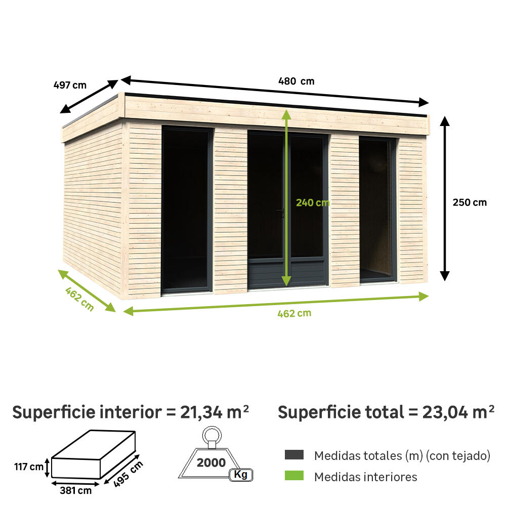 Caseta de madera Eco Lodge de 480x250x497 cm y 23.04 m2 con 90 mm espesor y doble puerta abatible DECOR ET JARDIN - 2