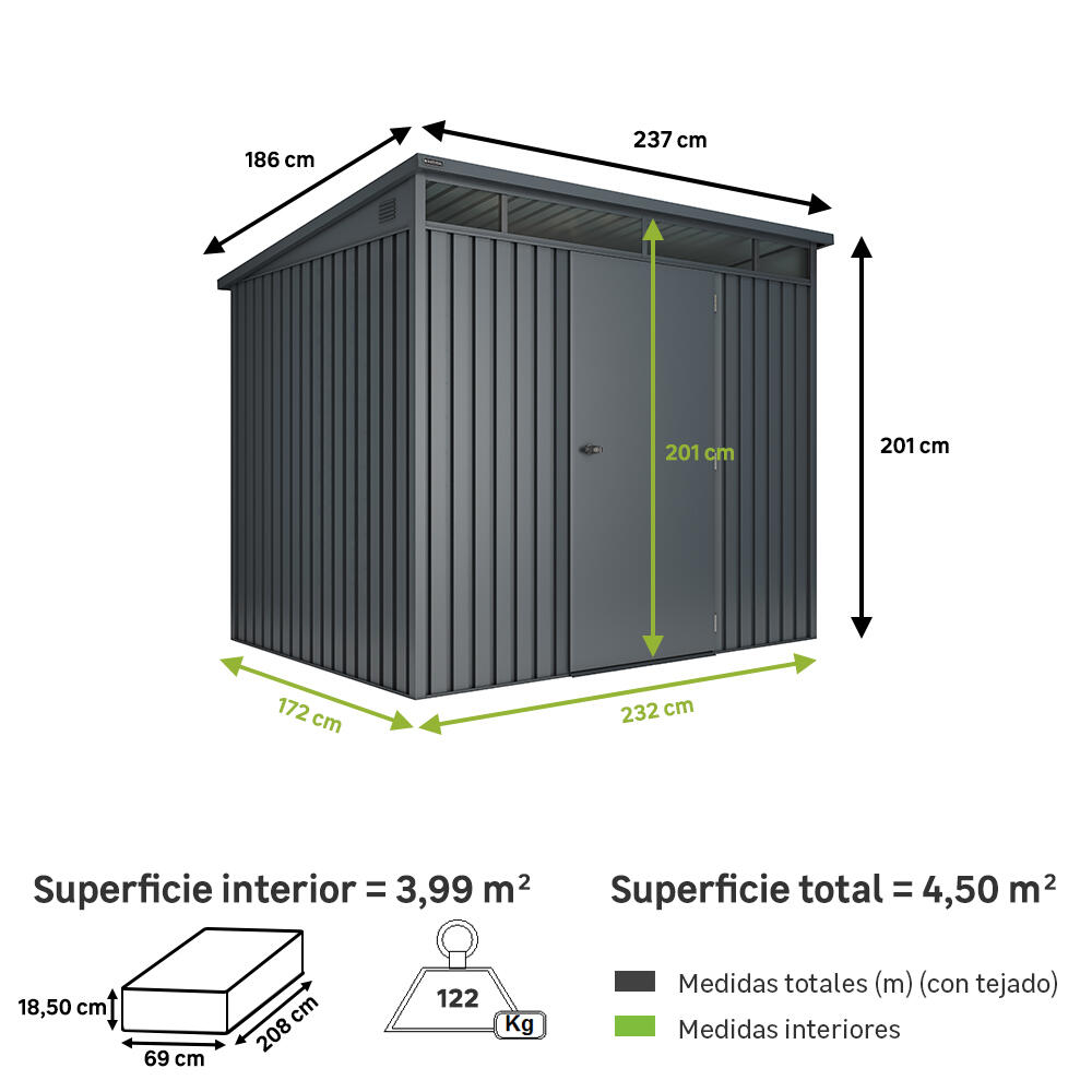 Caseta de metal Huntington M de 237x201x186 cm y 4.5 m2 con 0.4 mm espesor y puerta abatible NATERIAL - 2