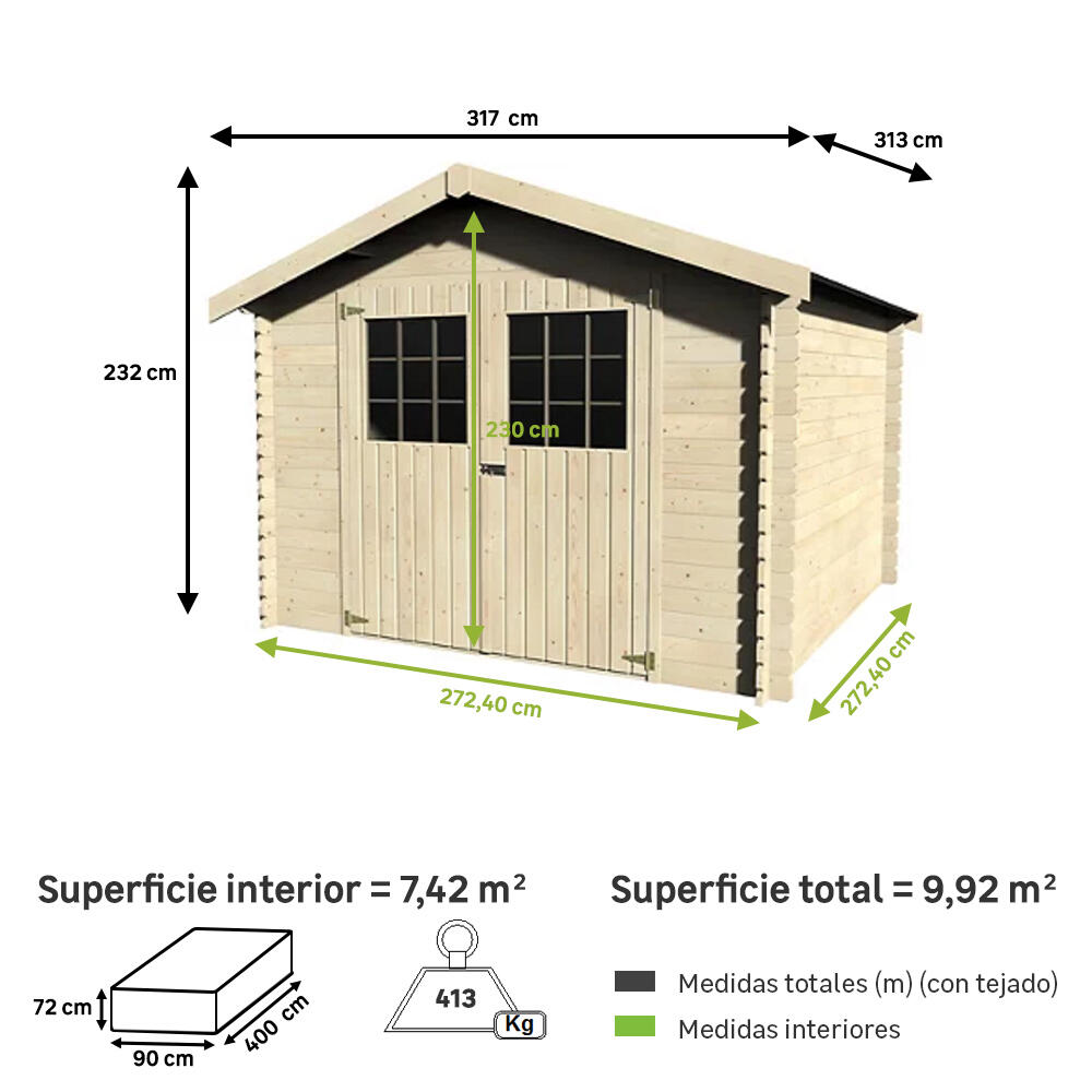 Caseta de madera Lesal de 317x232x313 cm y 9.92 m2 con 28 mm espesor y doble puerta abatible DECOR ET JARDIN - 2