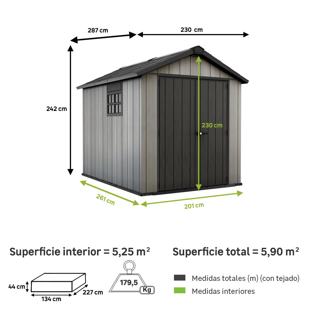 Caseta de resina Oakland de 230x242x287 cm y 5.9 m2 con 20 mm espesor y doble puerta abatible KETER - 2