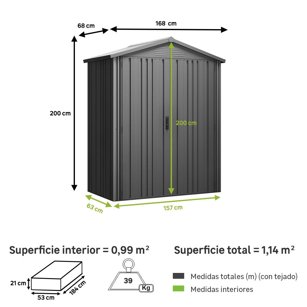 Caseta de metal PIONER Y20 de 168x200x68 cm y 1.14 m2 con 0.6 mm espesor y doble puerta abatible HOGGAR - 2