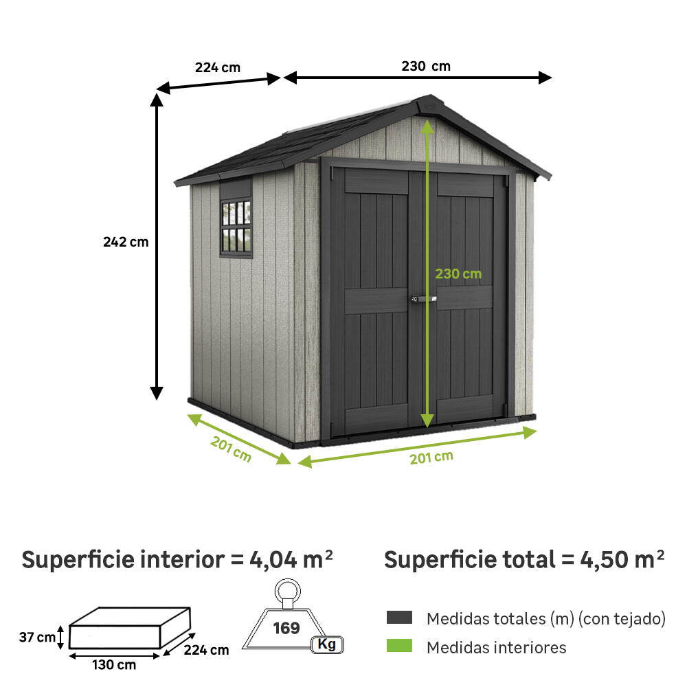 caseta de resina keter oakland 230x242x224 cm 45 m con kit de baldas 100x180 cm