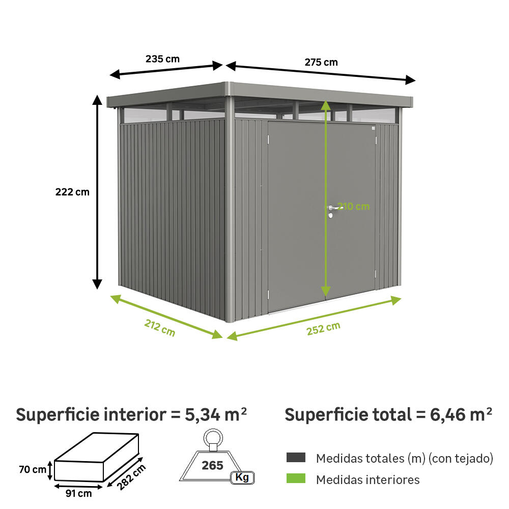 Caseta de metal highline h3 de 275x222x235 cm y 6.46 m2 con 0.5 mm espesor y doble puerta abatible biohort