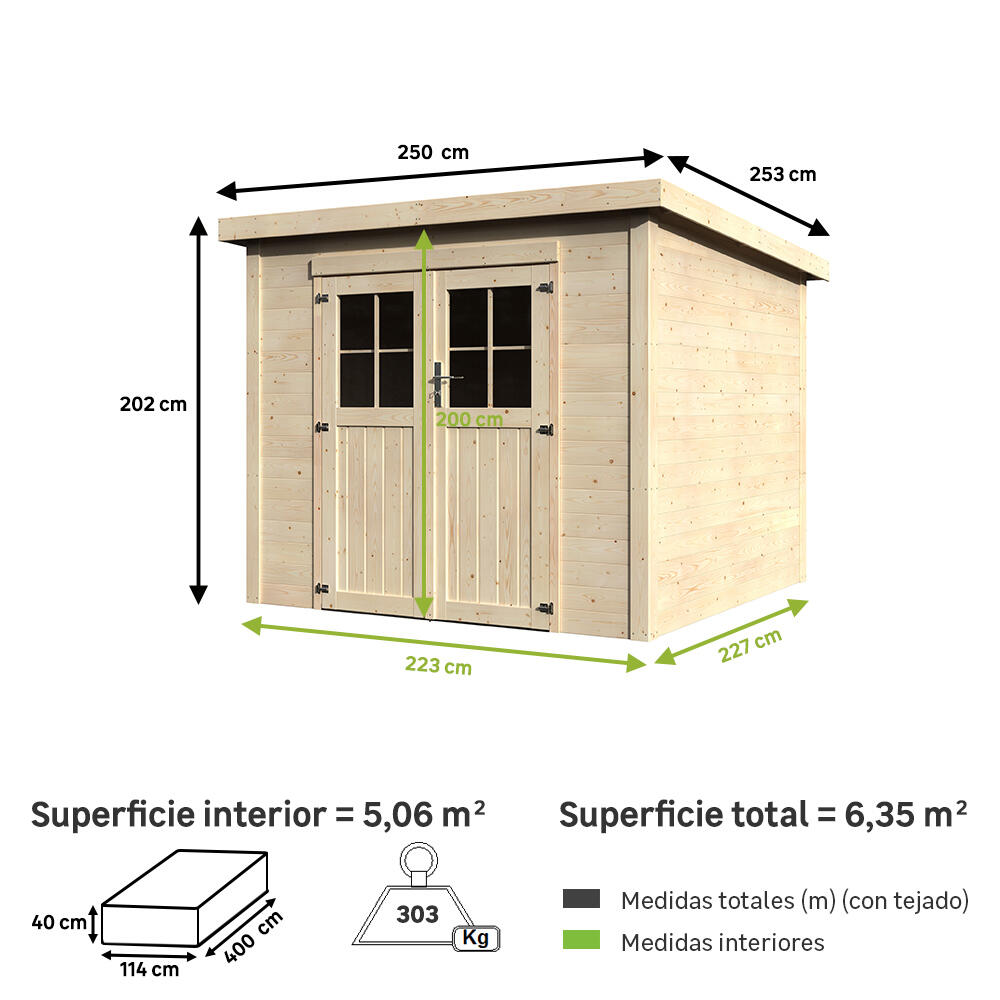 Caseta de madera Favil de 250x202x253 cm y 6.35 m2 con 19 mm espesor y doble puerta abatible DECOR ET JARDIN - 2