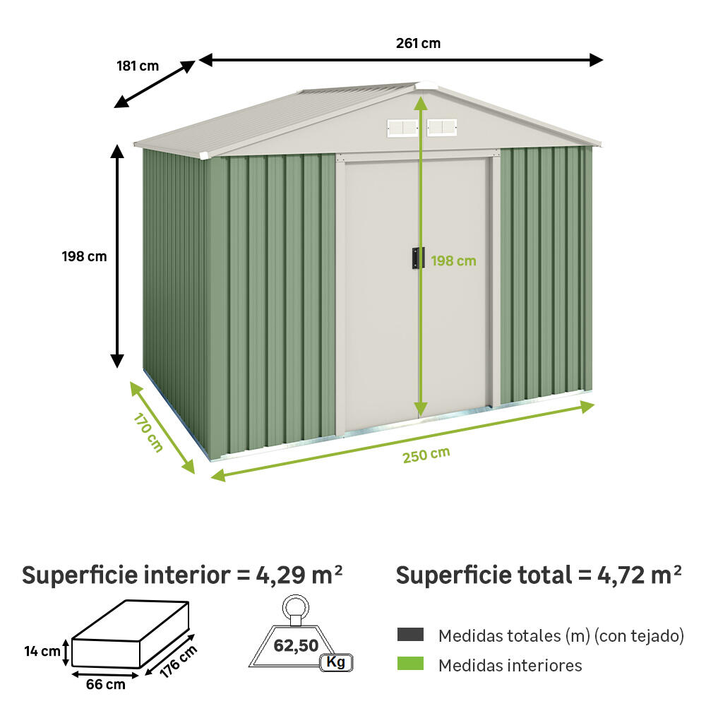 Caseta de metal Gavle de 261x198x181 cm y 4.72 m2 con 0.25 mm espesor y doble puerta corredera HOGGAR - 2