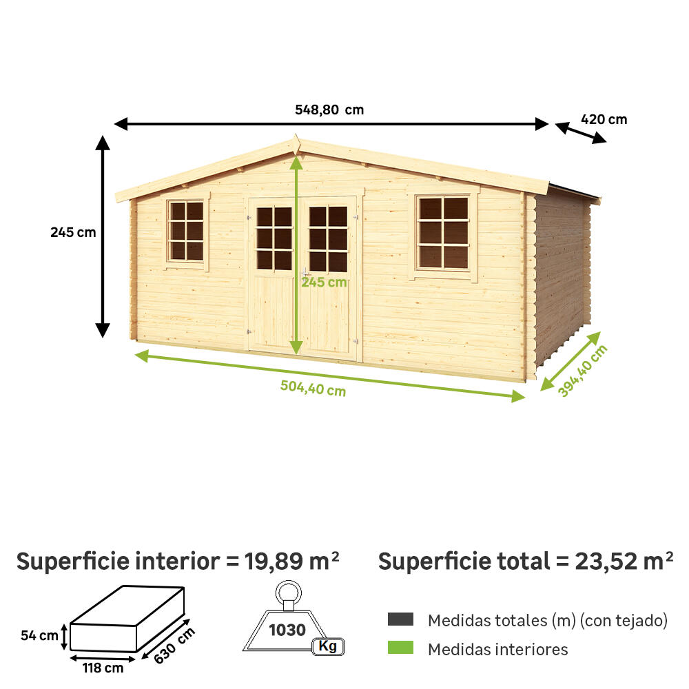 Caseta de madera WELS 5 de 549x245x420 cm y 23.52 m2 con 28 mm espesor y doble puerta abatible LASITA MAJA - 2