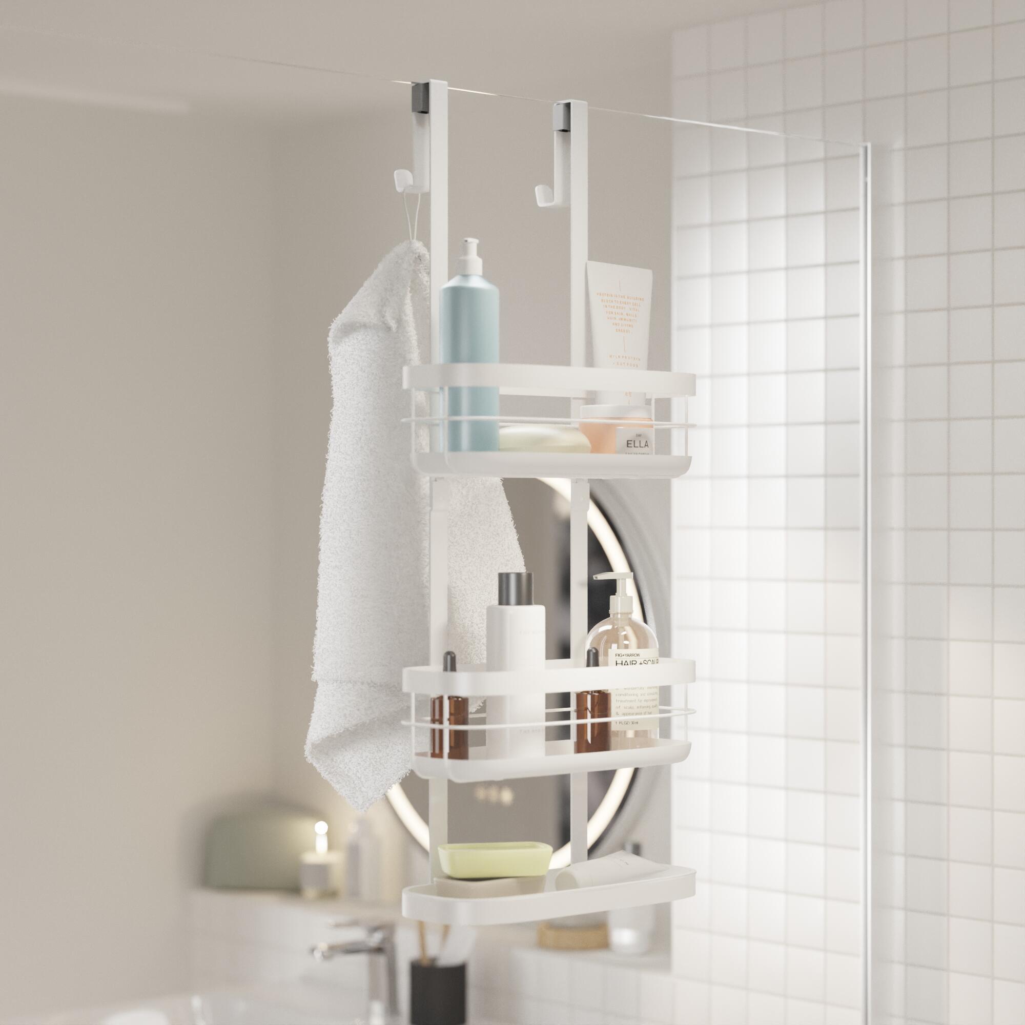 HANFU Etagere à Suspendre, Support Douche Acier Inoxydable Avec 2 Paniers Et 2 Crochets, Etagere Sans Percage Porte Shampoing Et Gel Douche Salle De Bain, 81.5 X 25 X 10cm, Noir