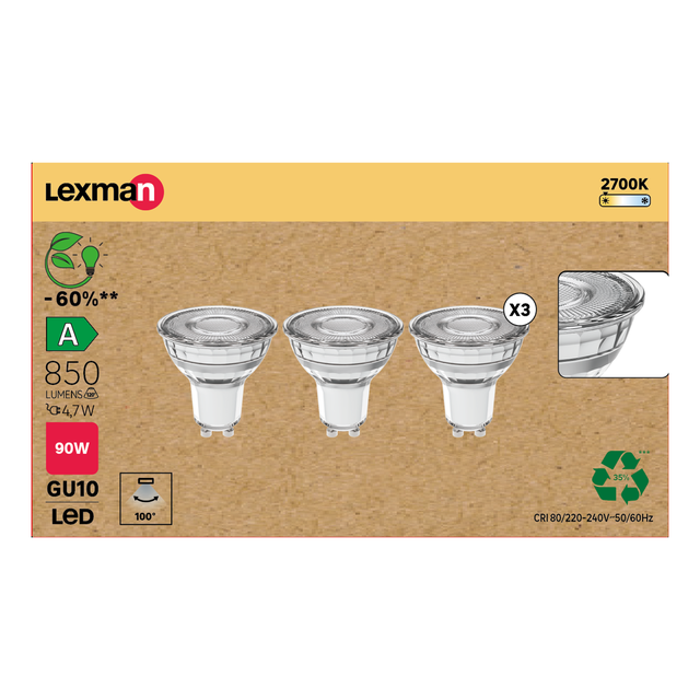 Pack de 3 lâmpadas Gu10 class A 850lm 2700k Lexman