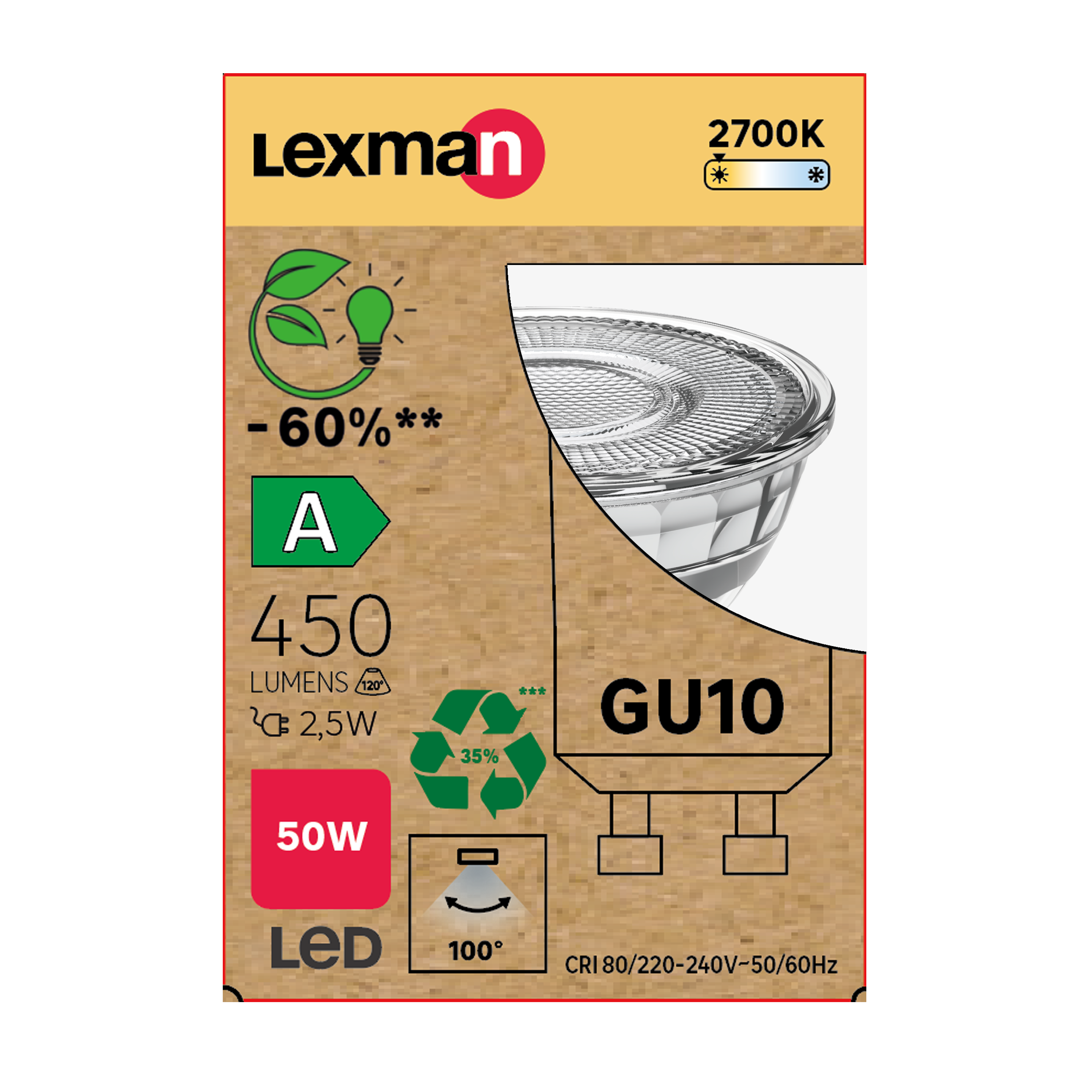 Bombilla led gu10 dicroica 2.5w 450 lm blanco cálido