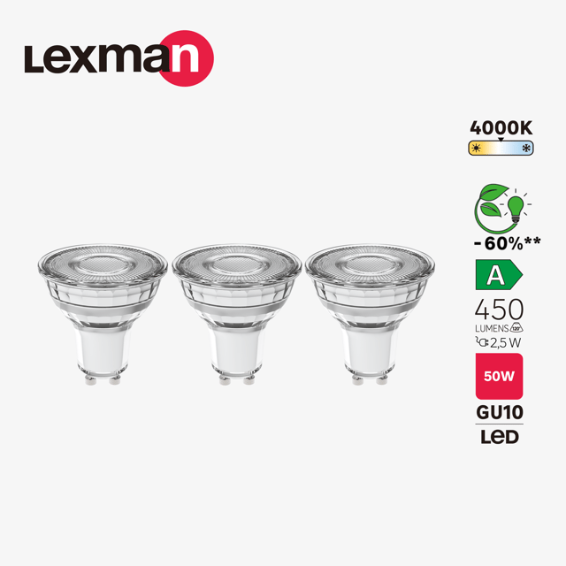 3 ampoules led réflecteur GU10, 450lm, classe énergétique A, blanc neutre LEXMAN
