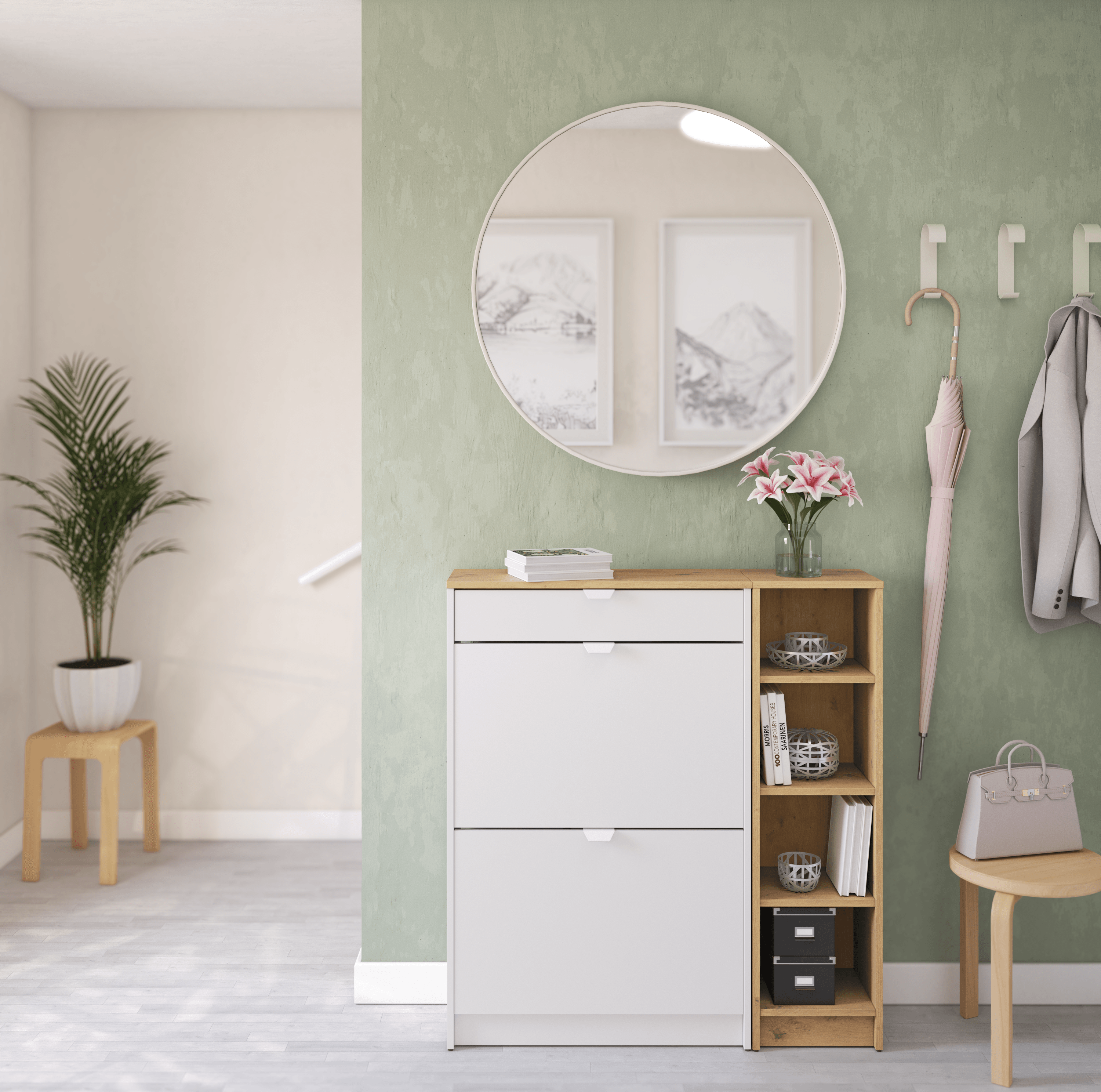 Zapatero Braila con 2 compartimentos para 8 pares en melamina color blanco y marrón 70x107x25 cm - 11