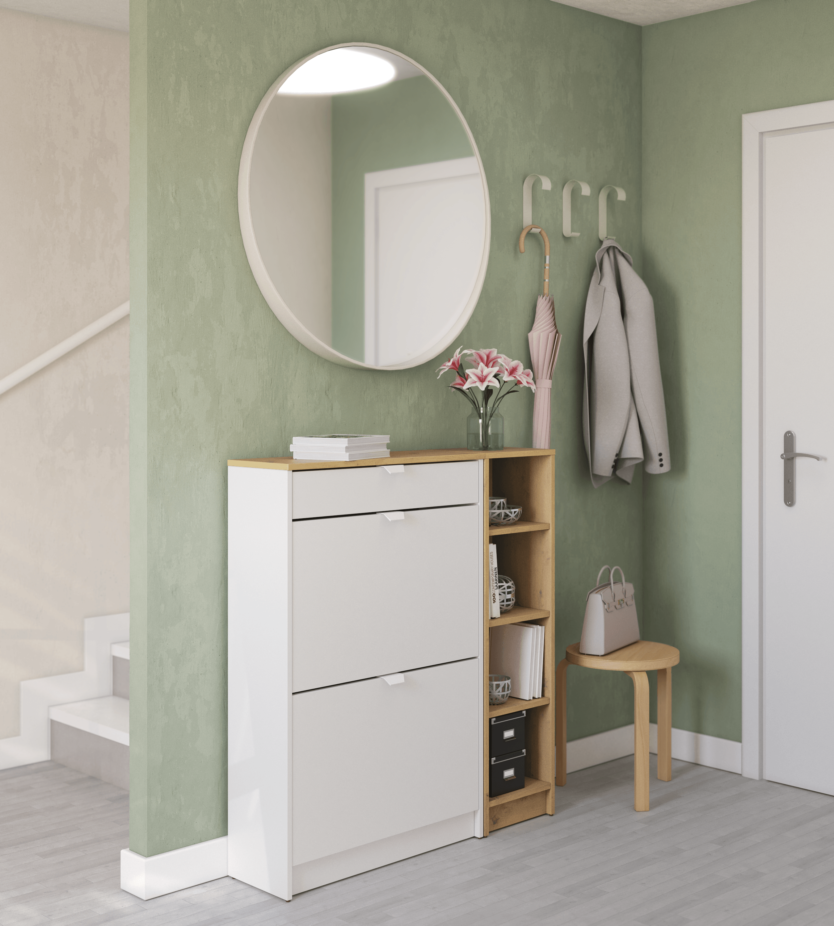 Zapatero Braila con 2 compartimentos para 8 pares en melamina color blanco y marrón 70x107x25 cm - 5