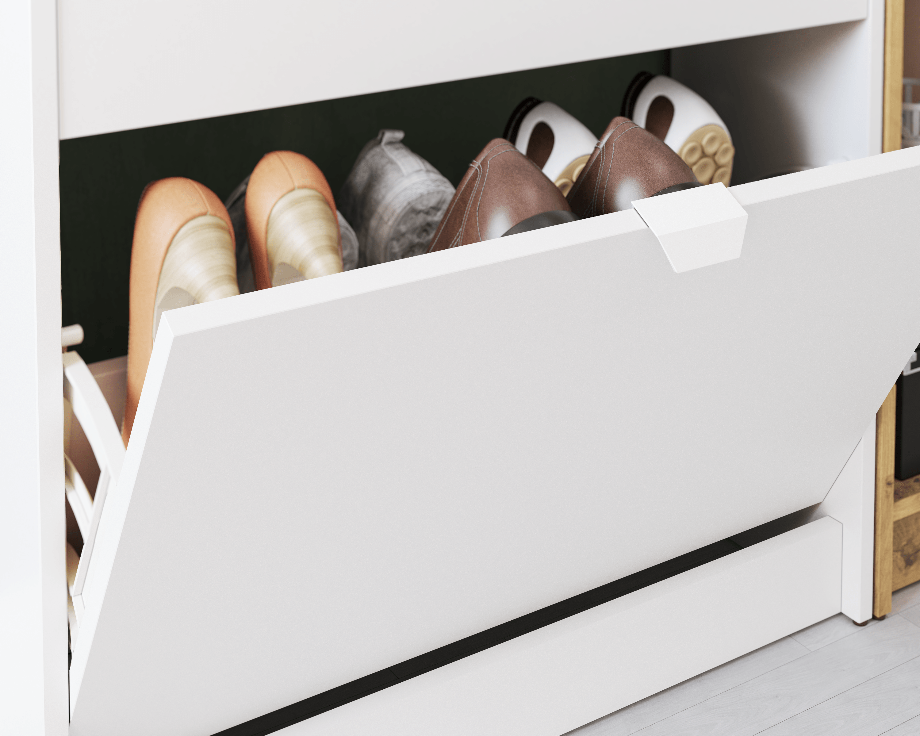 Zapatero Braila con 2 compartimentos para 8 pares en melamina color blanco y marrón 70x107x25 cm - 7