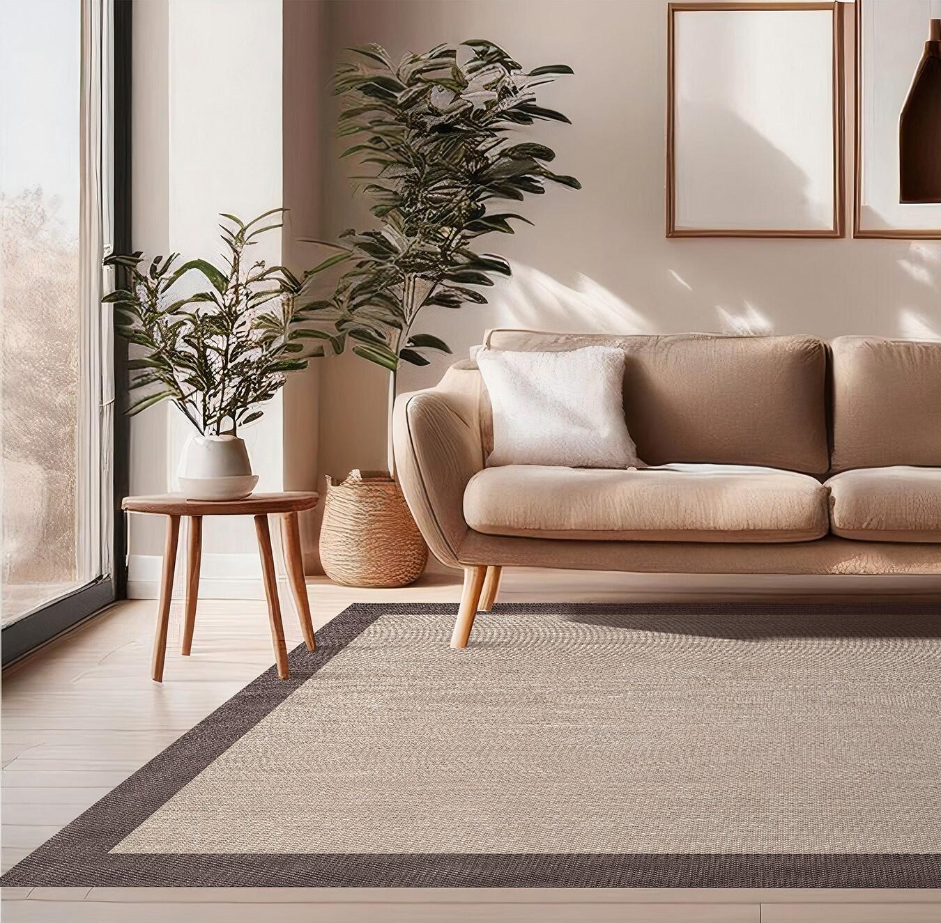 Alfombra pie de cama exterior/interior pvc tejido plano  base antideslizante Sisaltouch liso beige - choco  80x150cm - 6