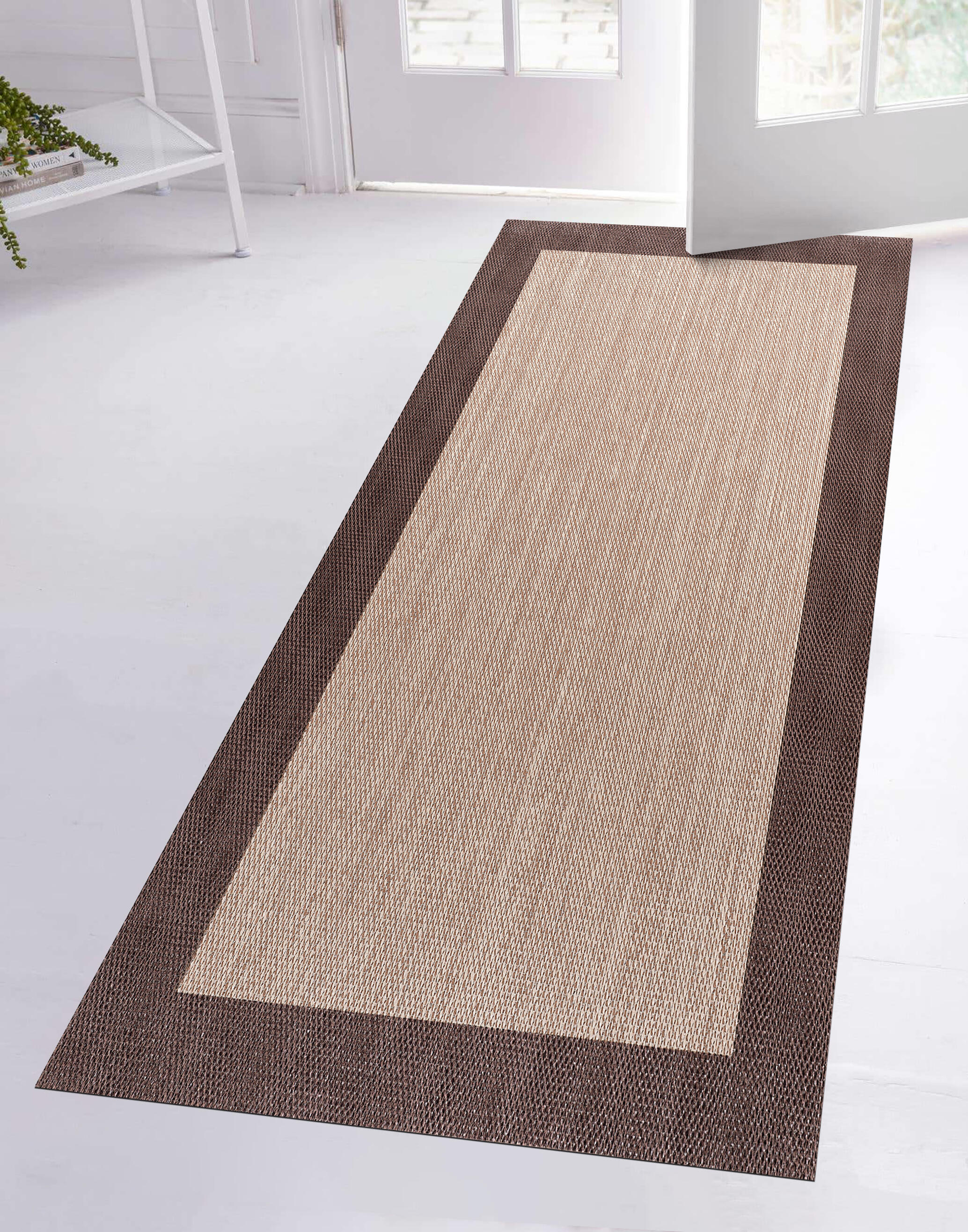 Alfombra pie de cama exterior/interior pvc tejido plano  base antideslizante Sisaltouch liso beige - choco  80x150cm - 4