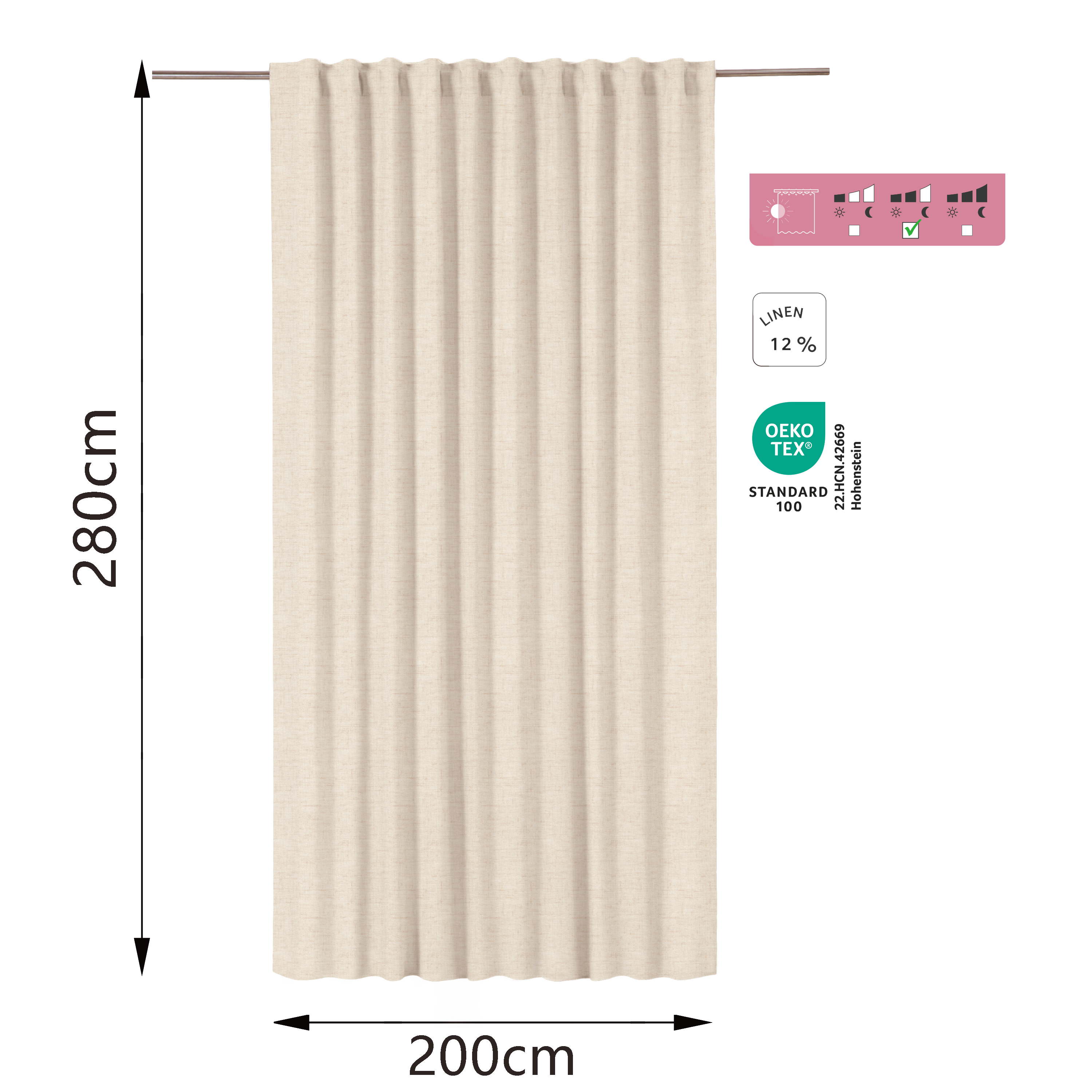 Cortina trabilla oculta, cinta fruncida New Charlina poliéster lino semi-opaco beige trench INSPIRE de 200x280cm. Cinta termopegada - 2