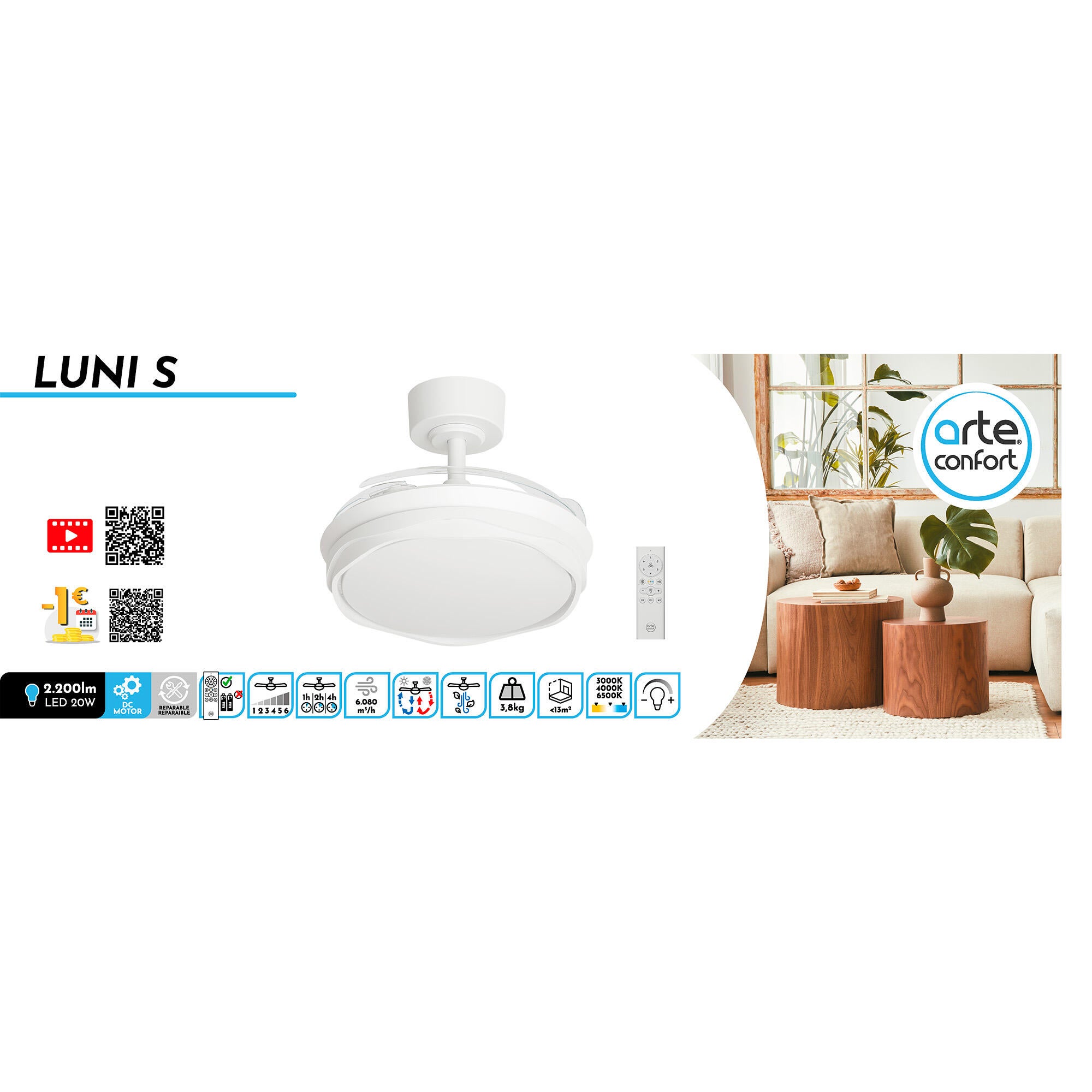 Ventilador de techo con luz silencioso DC 30W con mando ø91 cm Luni S ARTE CONFORT blanco luz CCT 3 aspas| 6 velocidades| modo verano/invierno| temporizador| brisa| recomendado para <13m² - 7