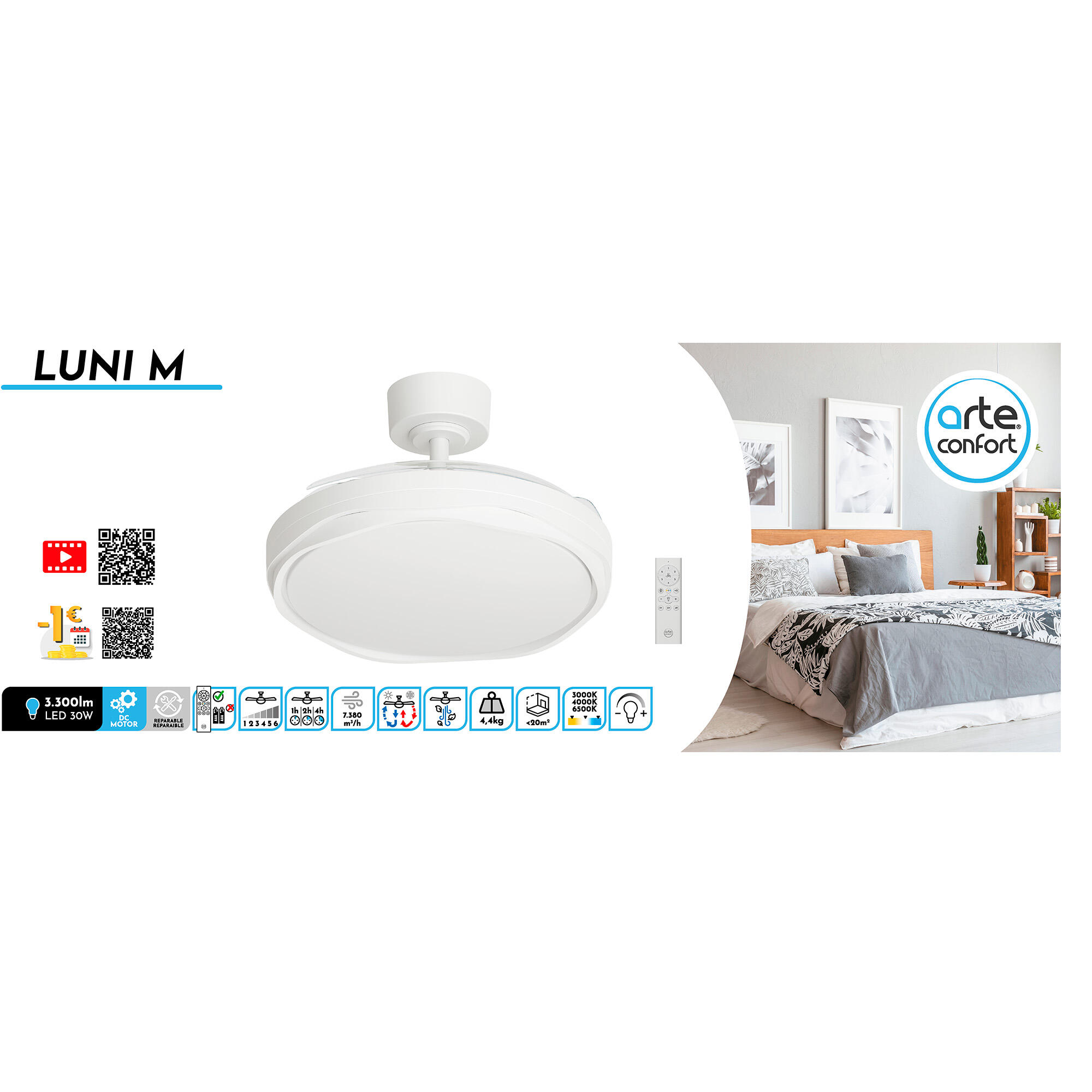 Ventilador de techo con luz silencioso DC con mando Arte Confort Luni M blanco 107 cm invierno/verano color luz regulable - 8