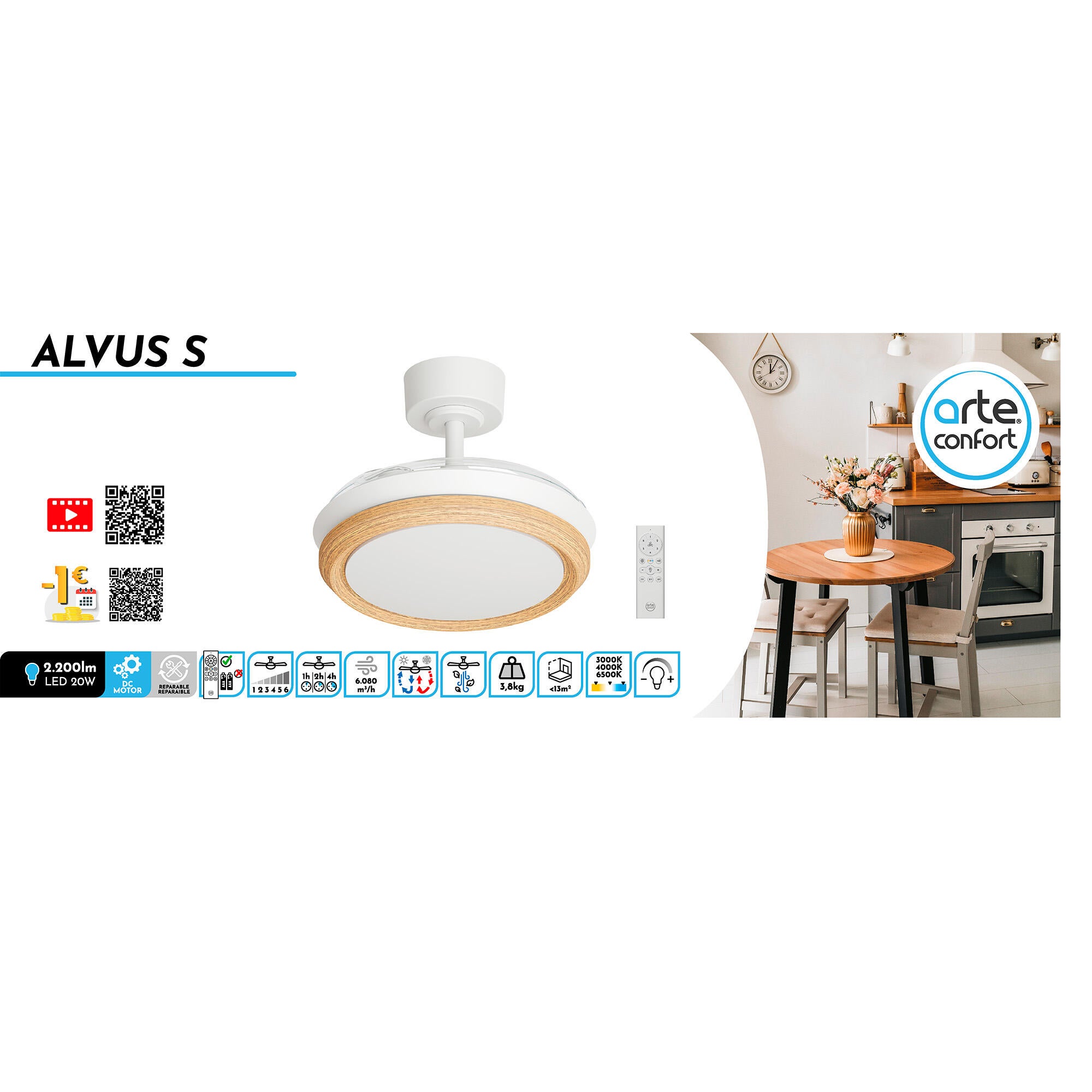 Ventilador de techo con luz retráctil silencioso DC con mando Arte Confort Alvus S blanco 91 cm invierno/verano color luz regulable - 8