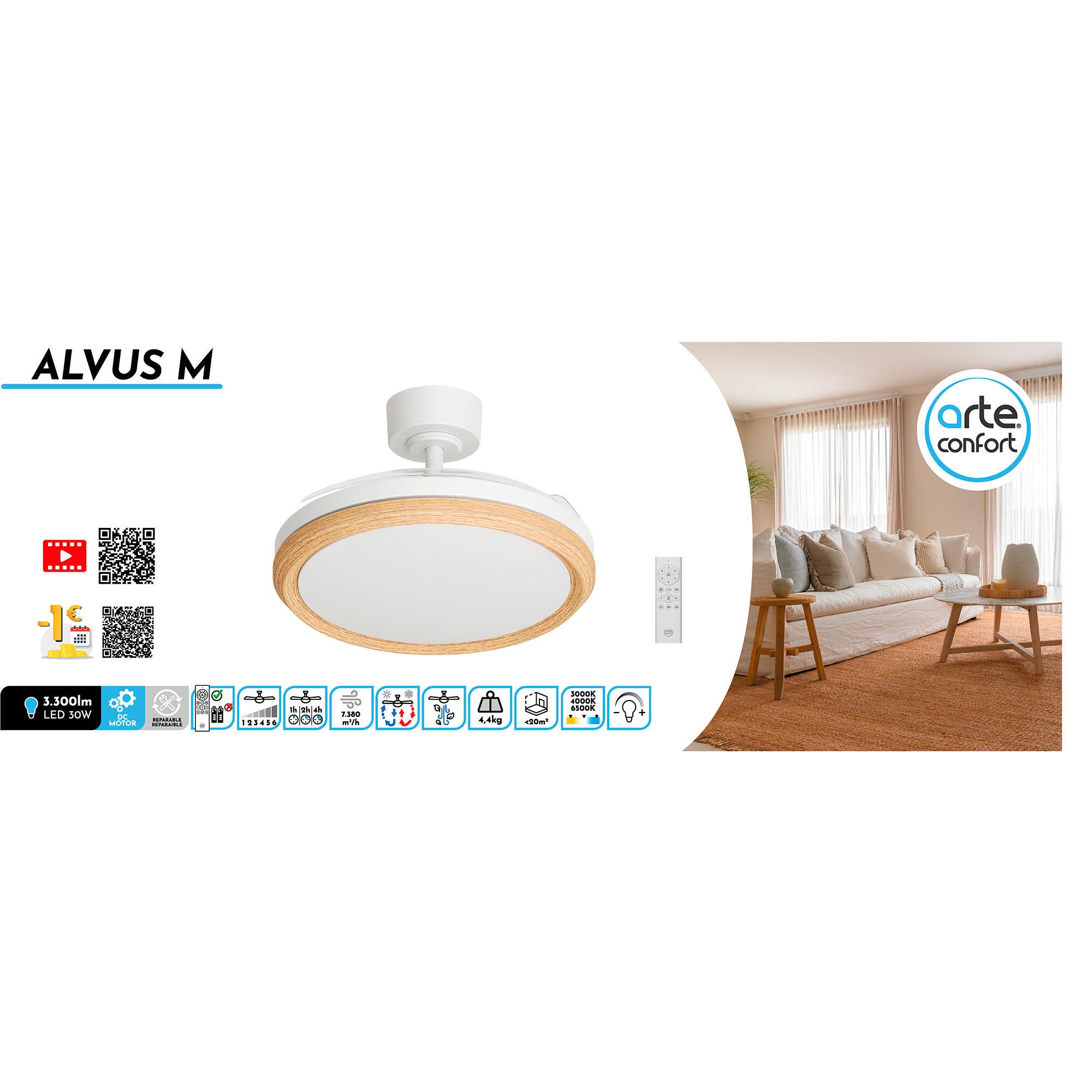 Ventilador de techo con luz retráctil silencioso DC con mando Arte Confort Alvus M blanco 107 cm invierno/verano color luz regulable - 8