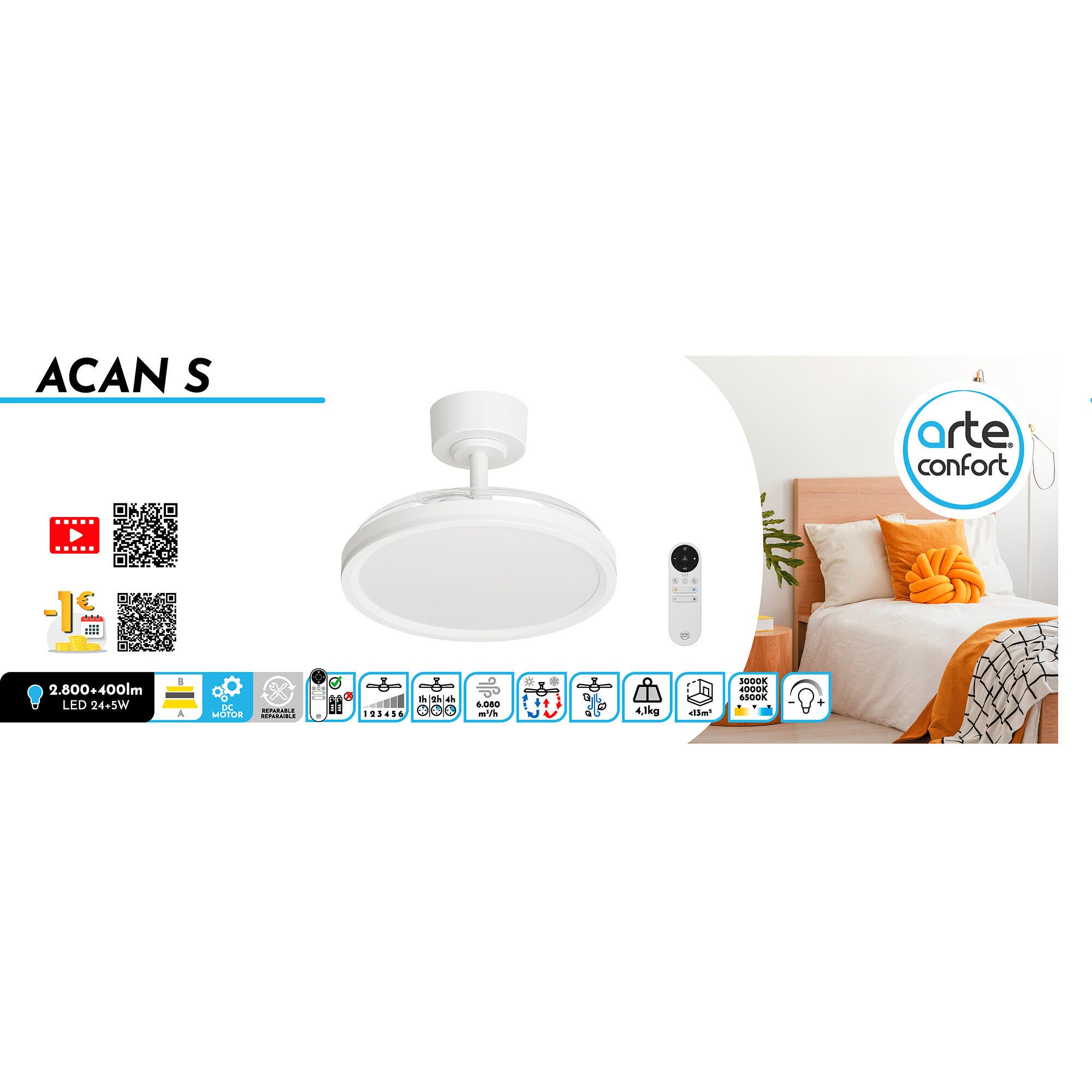 Ventilador de techo con luz silencioso DC 30W con mando ø91 cm Acan S ARTE CONFORT blanco luz CCT 3 aspas| 6 velocidades| modo verano/invierno| temporizador| brisa| recomendado para <13m² - 9