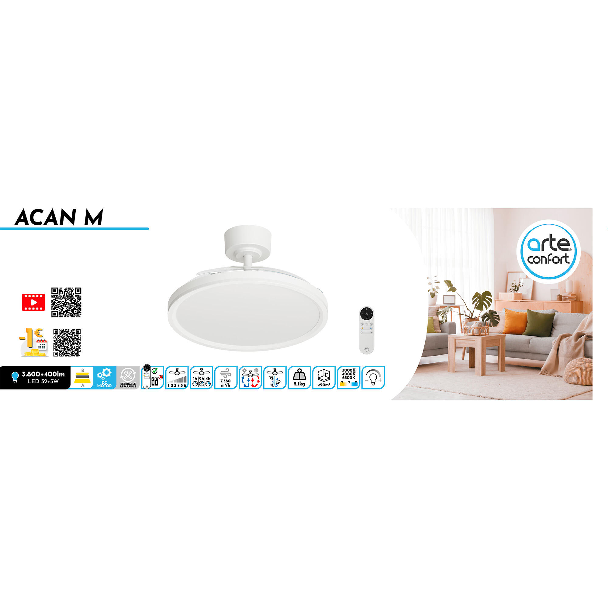 Ventilador de techo con luz silencioso DC 29W con mando ø107 cm Acan M ARTE CONFORT blanco luz CCT 3 aspas| 6 velocidades| modo verano/invierno| temporizador| brisa| recomendado de 13 a 20m² - 10