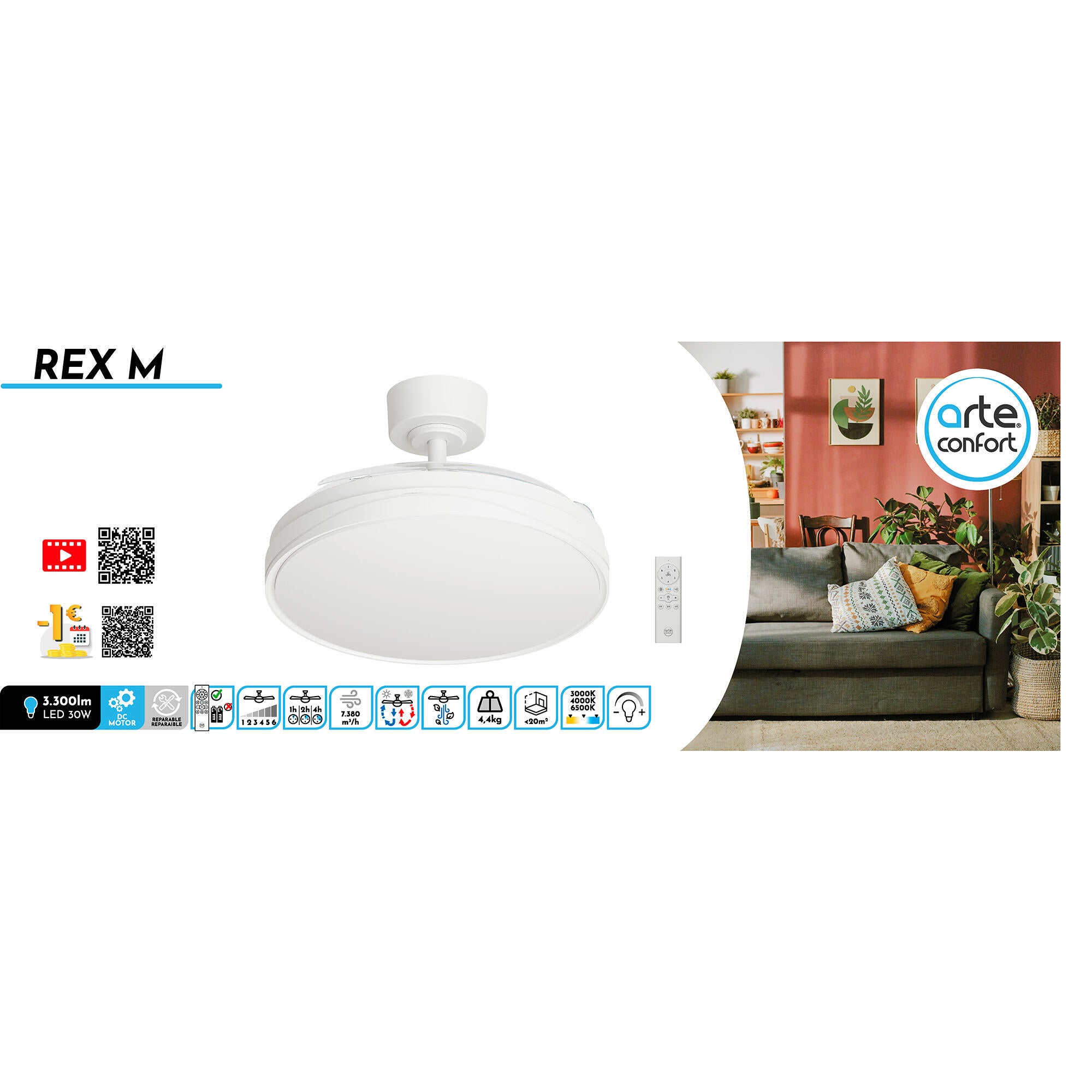 Ventilador de techo con luz silencioso DC con mando Arte Confort Rex blanco 107 cm invierno/verano color luz regulable - 7