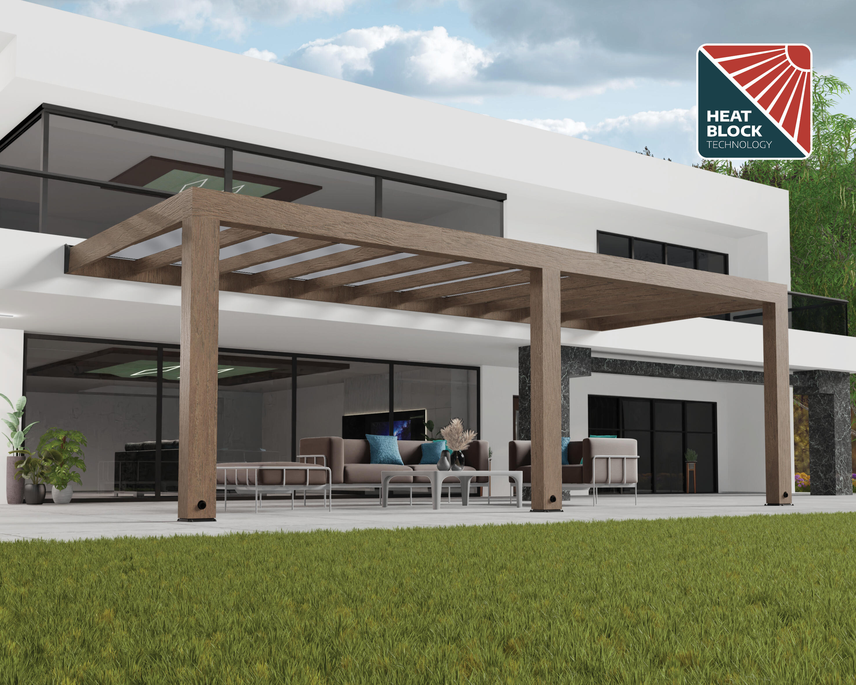 pergola de madera adosada con cubierta canopia by palram de 730 x 300 cm gris