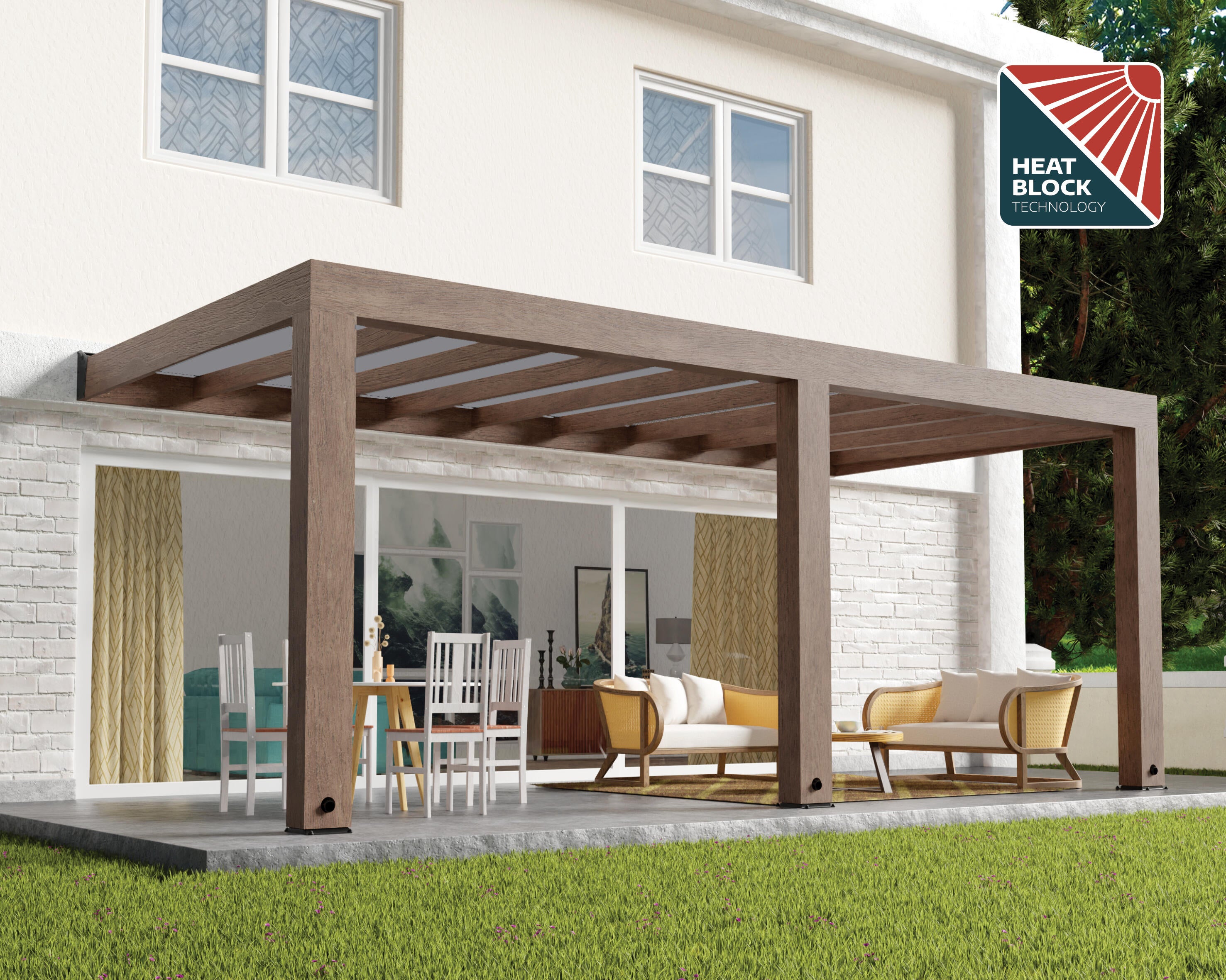 pergola de madera adosada con cubierta canopia by palram de 600 x 300 cm marron