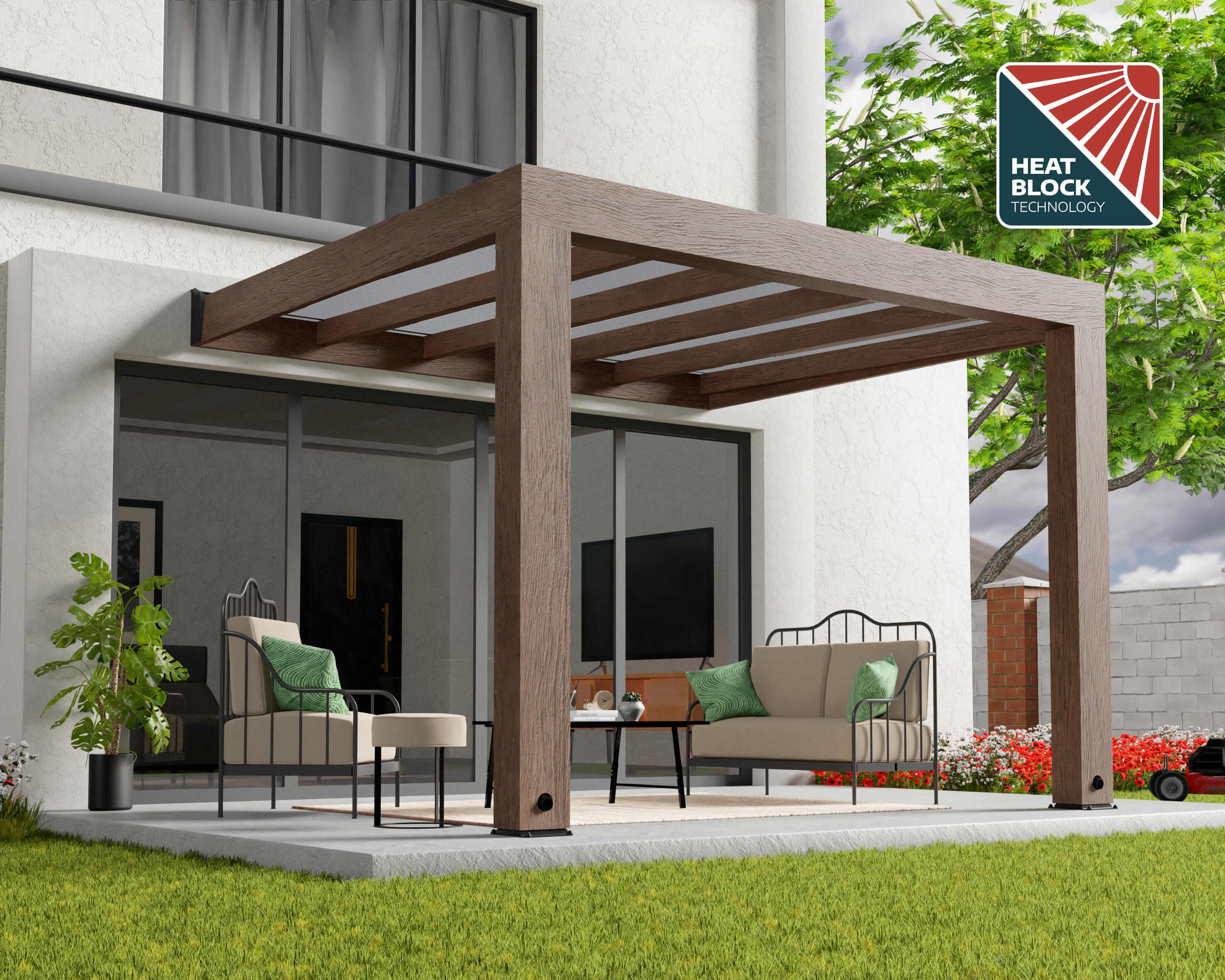 pergola de madera adosada con cubierta canopia by palram de 340 x 300 cm marron