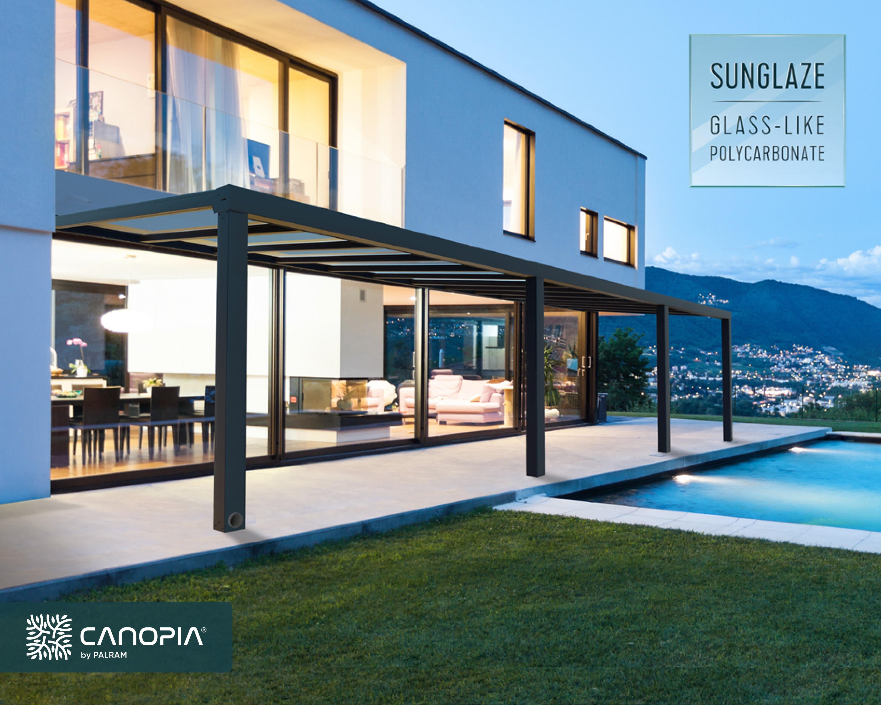 pergola de aluminio adosada con cubierta canopia by palram de 950 x 341 cm gris