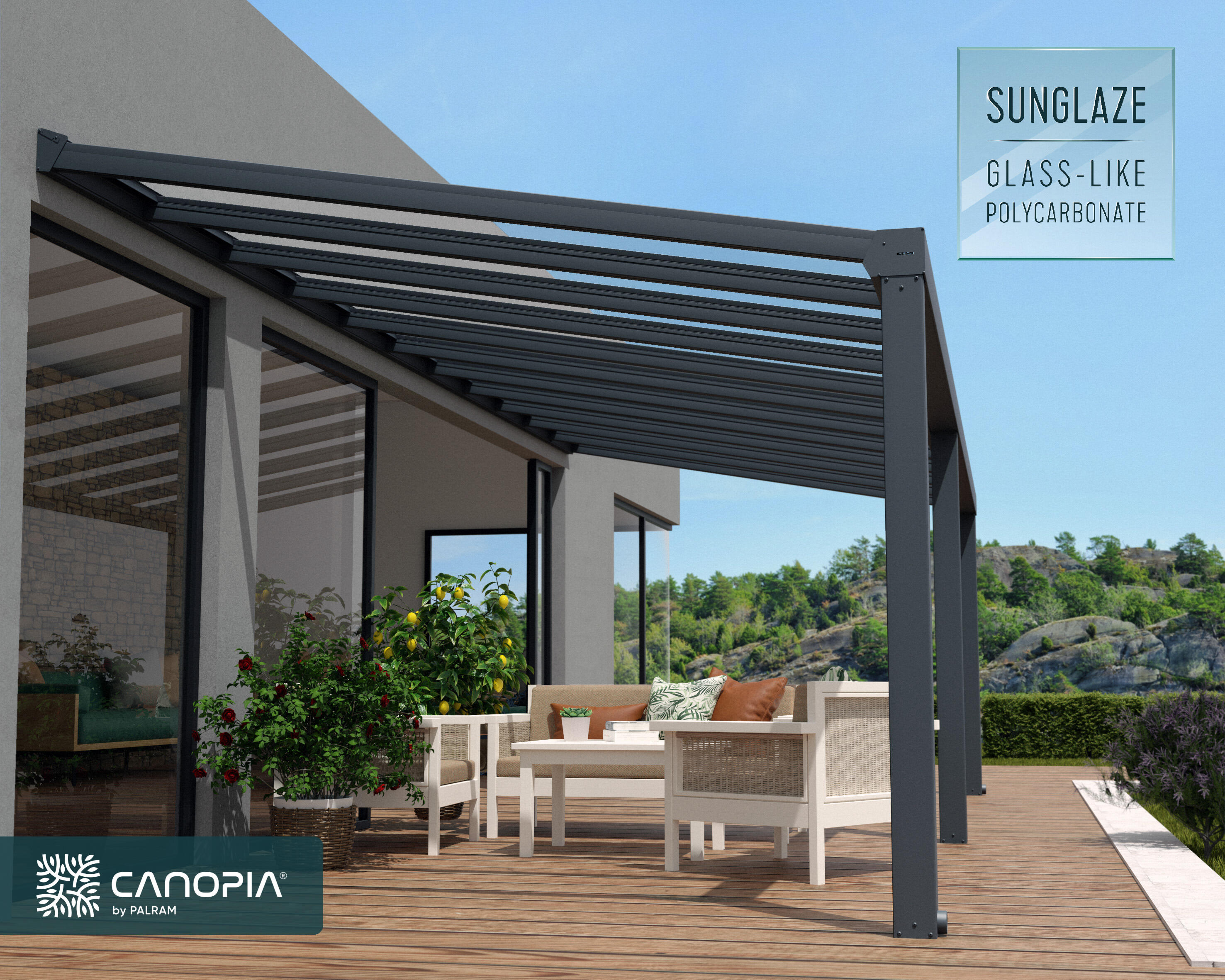 pergola de aluminio adosada con protector de pergola canopia by palram de 805 x 341 cm gris
