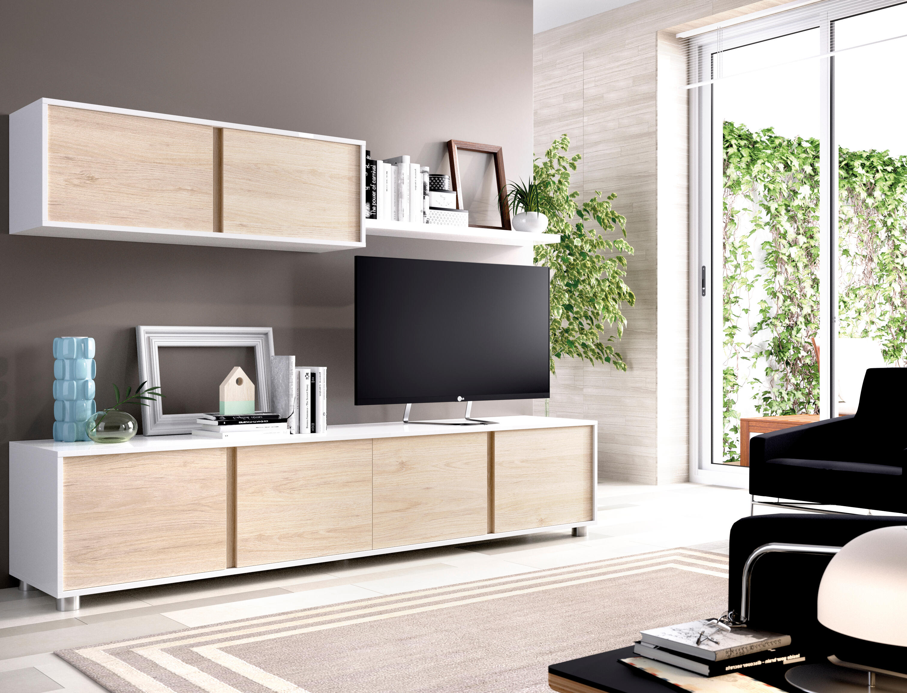 Mueble para salón con almacenaje 200 cm blanco/natural